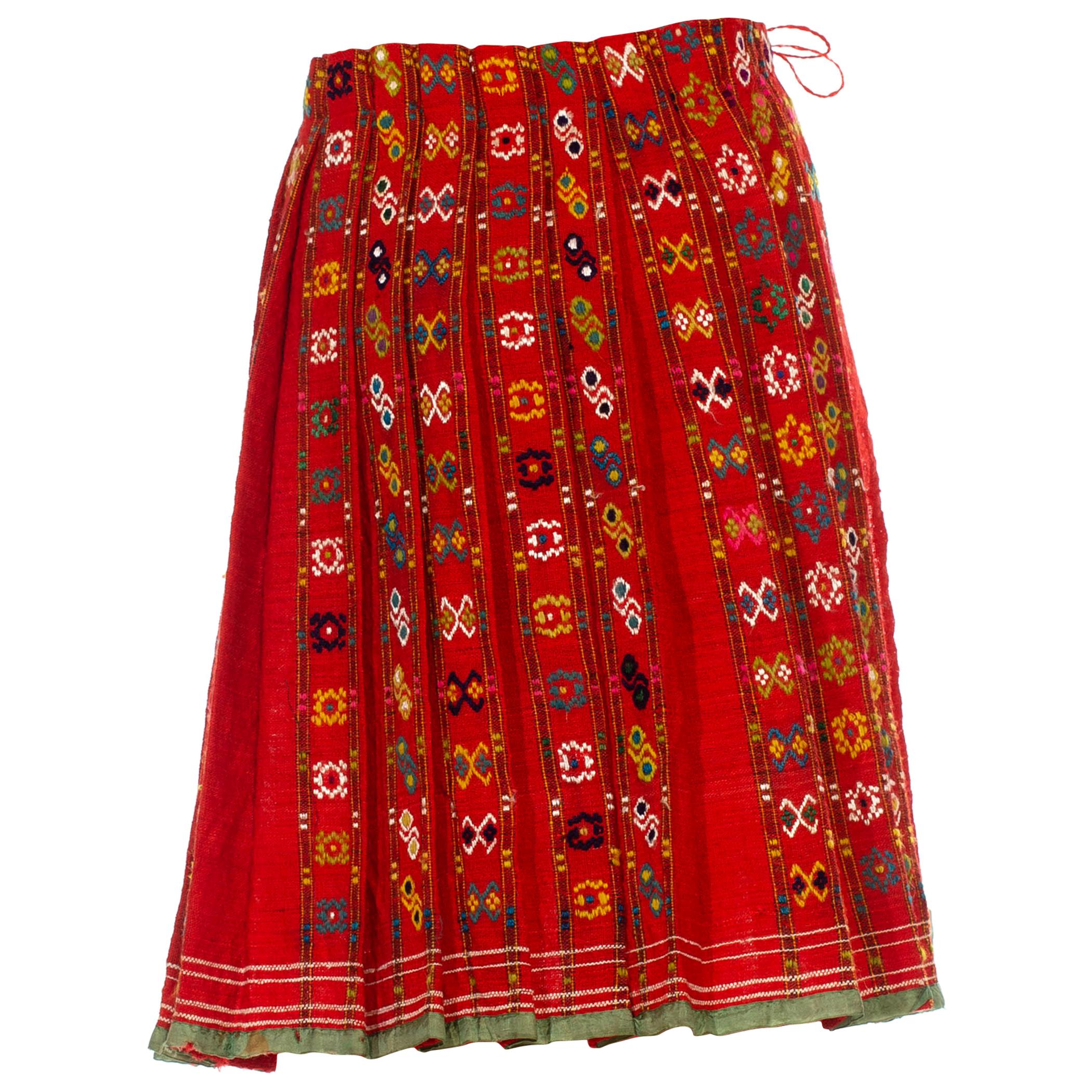 Victorian Red Hand Embroidered Wool Pleated Hungarian Folk Wrap Skirt
