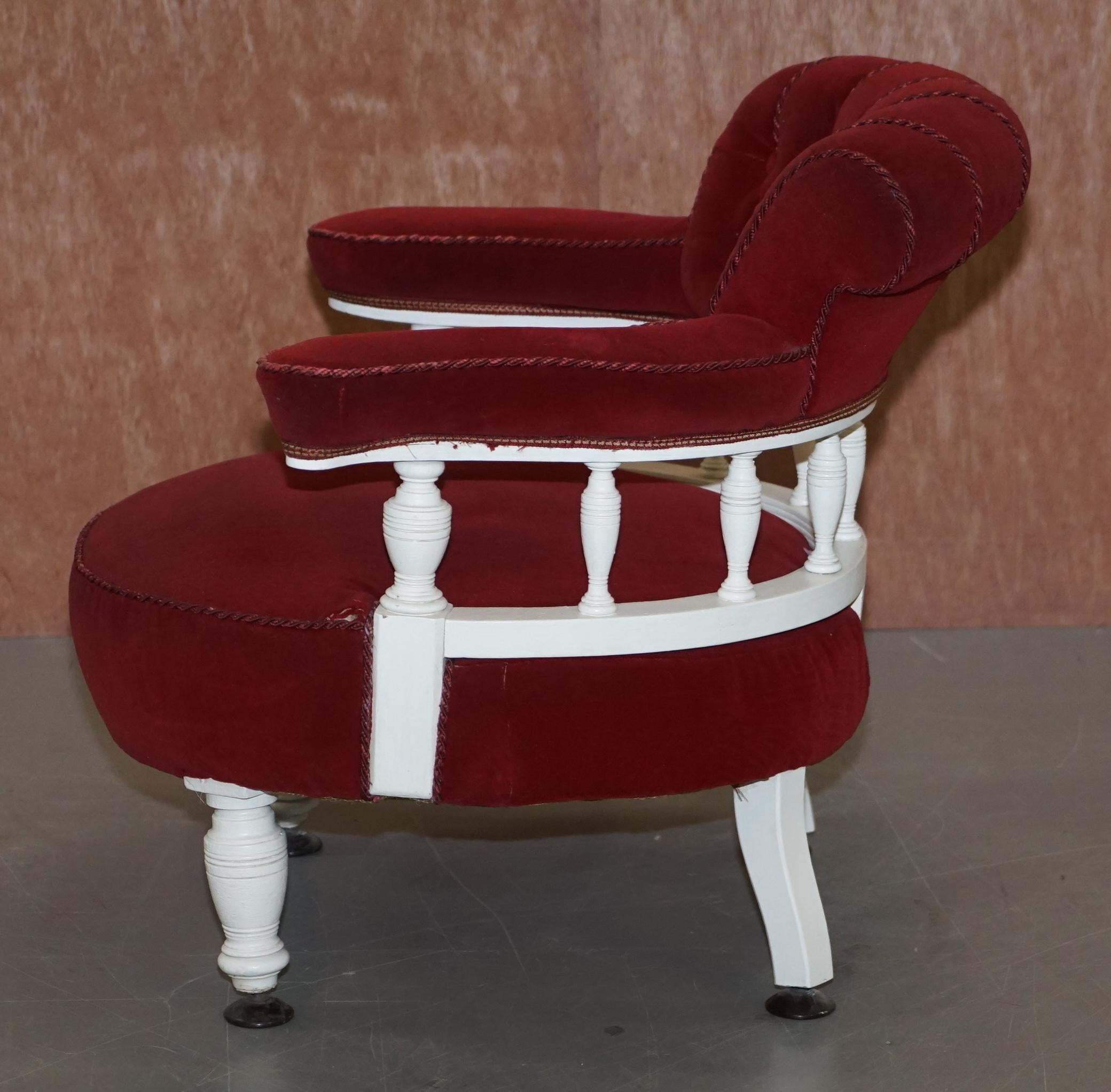 Victorian Red Velvet Upholstered Oak Framed Small Captains Occasional Armchair For Sale 3