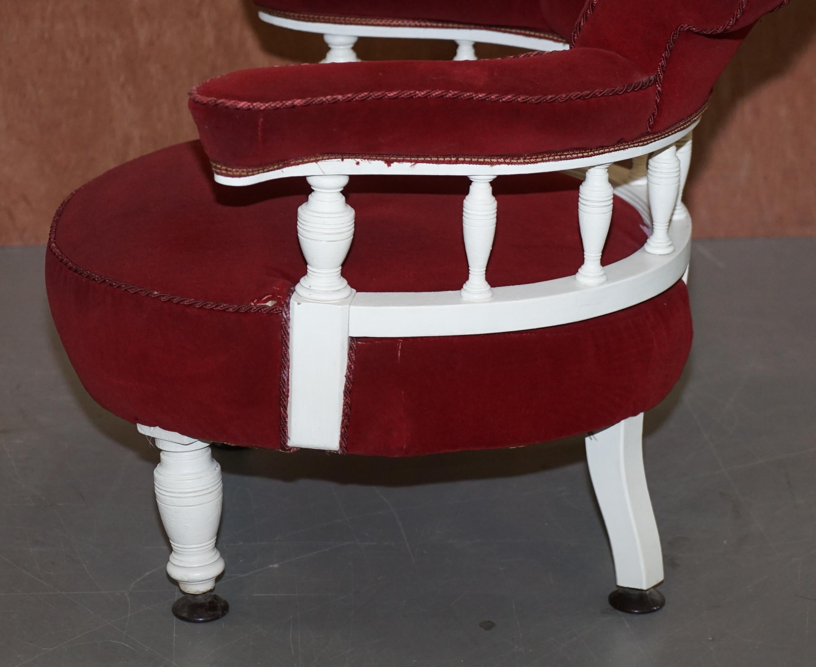 Victorian Red Velvet Upholstered Oak Framed Small Captains Occasional Armchair For Sale 4