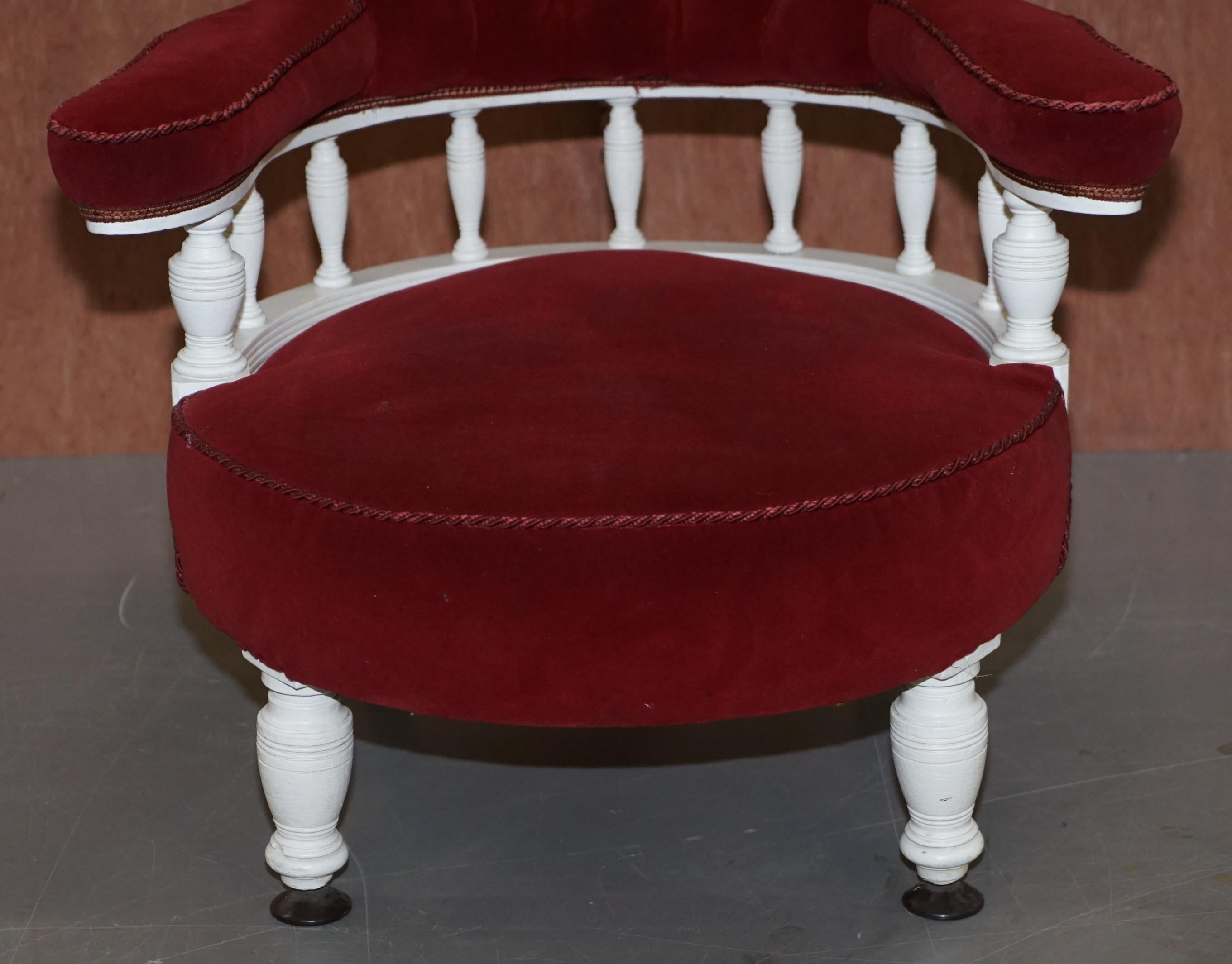 Hand-Crafted Victorian Red Velvet Upholstered Oak Framed Small Captains Occasional Armchair For Sale
