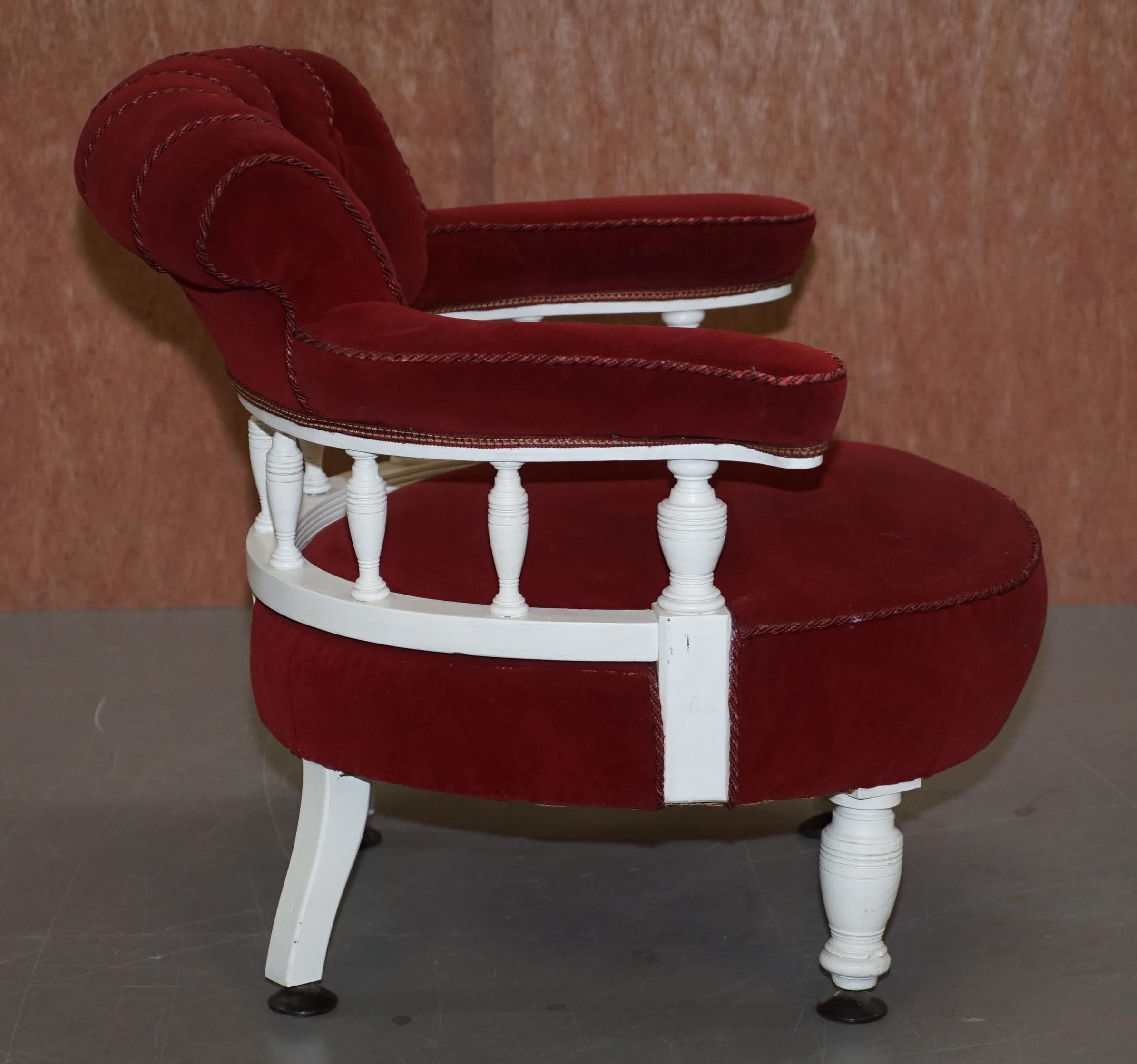 Victorian Red Velvet Upholstered Oak Framed Small Captains Occasional Armchair For Sale 1