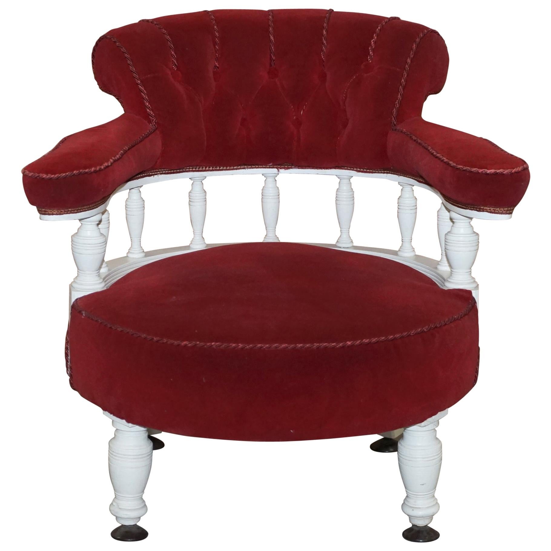 Victorian Red Velvet Upholstered Oak Framed Small Captains Occasional Armchair For Sale