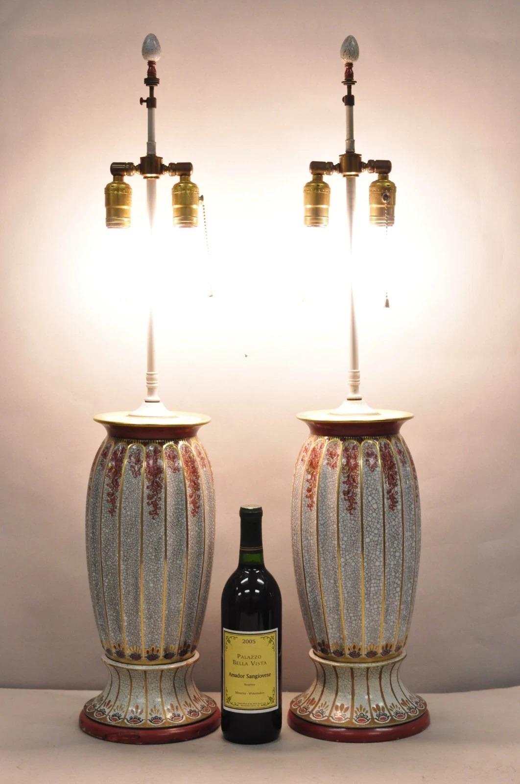 Victorian Red White Floral Painted French Porcelain Jardinière Table Lamps, Pair For Sale 7