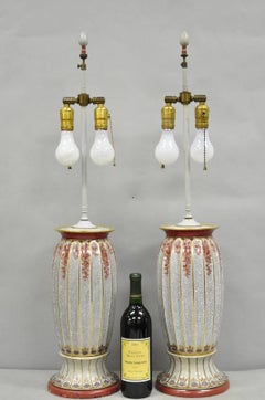 Victorian Red White Floral Painted French Porcelain Jardinière Table Lamps, Pair