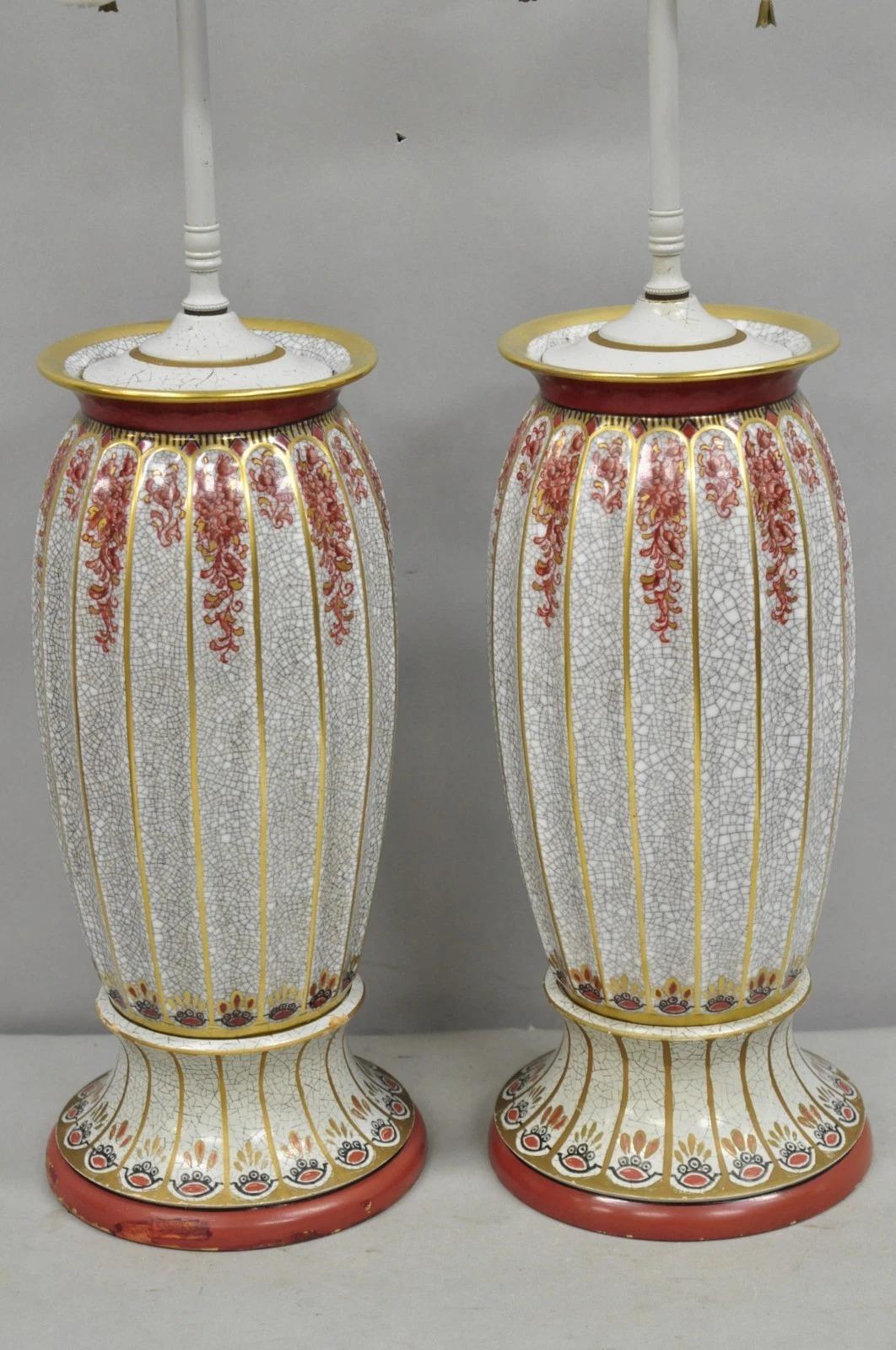 Unknown Victorian Red White Floral Painted French Porcelain Jardinière Table Lamps, Pair For Sale