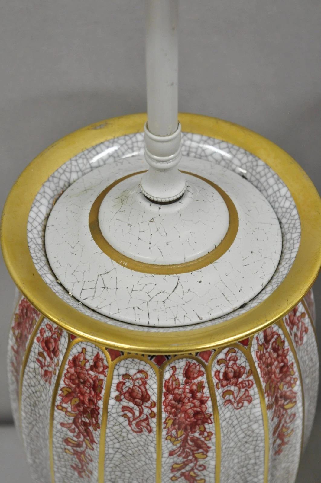 20th Century Victorian Red White Floral Painted French Porcelain Jardinière Table Lamps, Pair For Sale