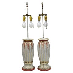 Antique Victorian Red White Floral Painted French Porcelain Jardinière Table Lamps, Pair
