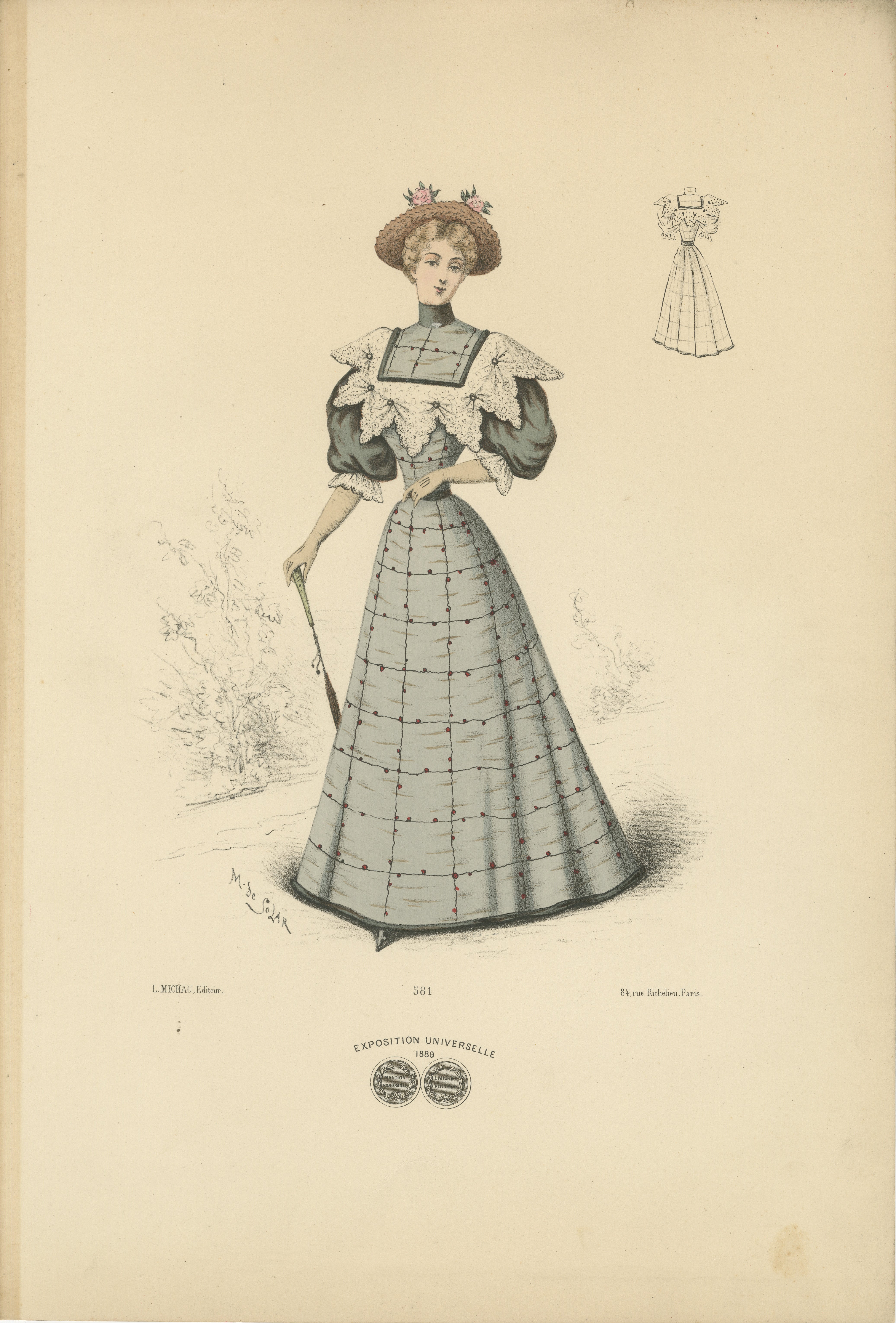 Esta litografía representa a una mujer a la moda de 1889, ataviada con un sofisticado vestido que refleja las tendencias de finales de la época victoriana. El vestido presenta un corpiño estructurado con mangas abullonadas, cubierto con una capa de