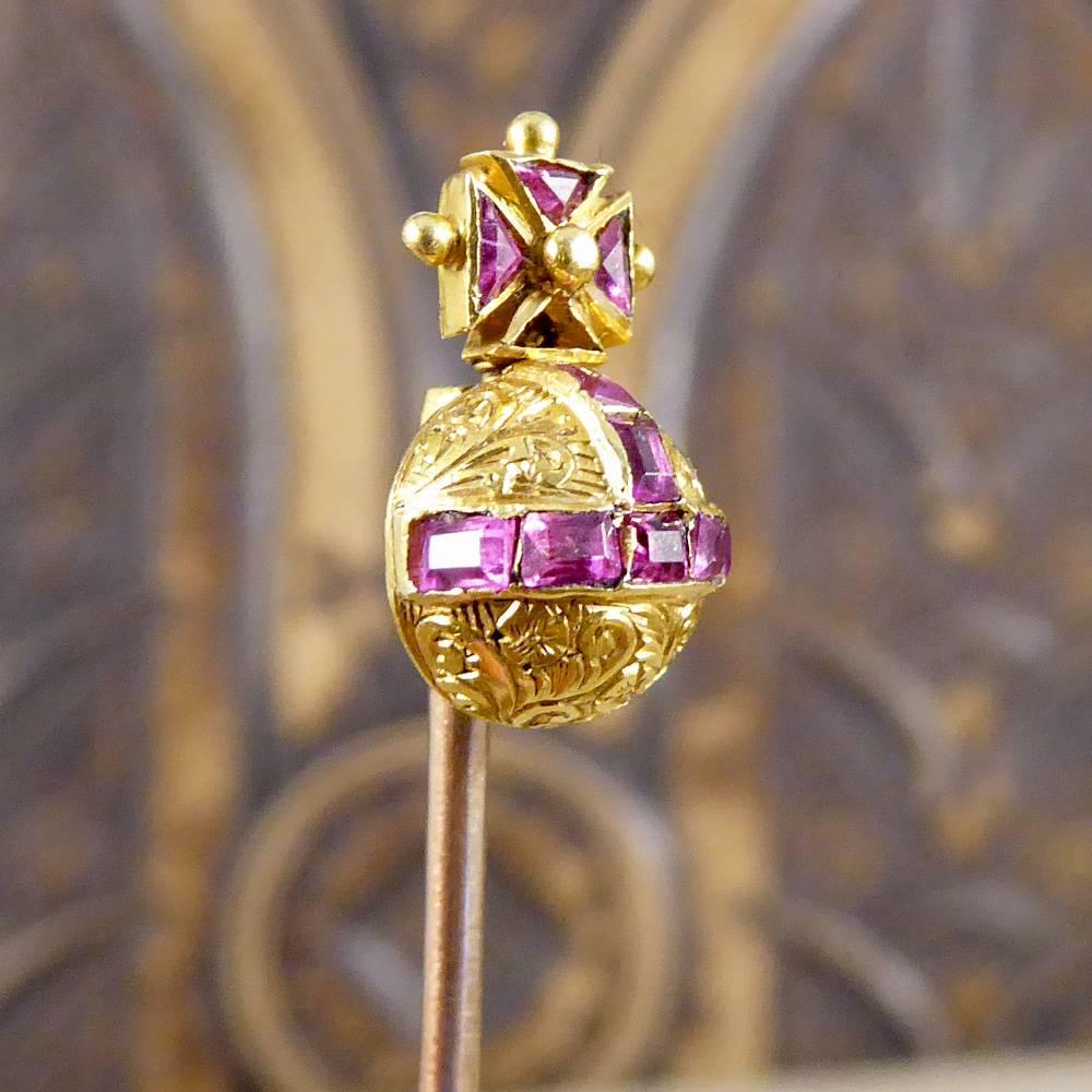 Late Victorian Victorian Regal Garnet Maltese Cross Gold Orb Pin