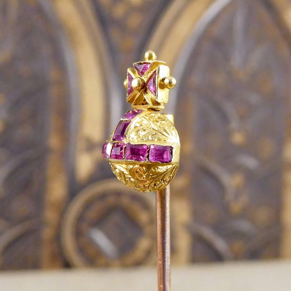 Victorian Regal Garnet Maltese Cross Gold Orb Pin 1