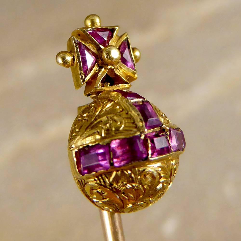 Victorian Regal Garnet Maltese Cross Gold Orb Pin 2