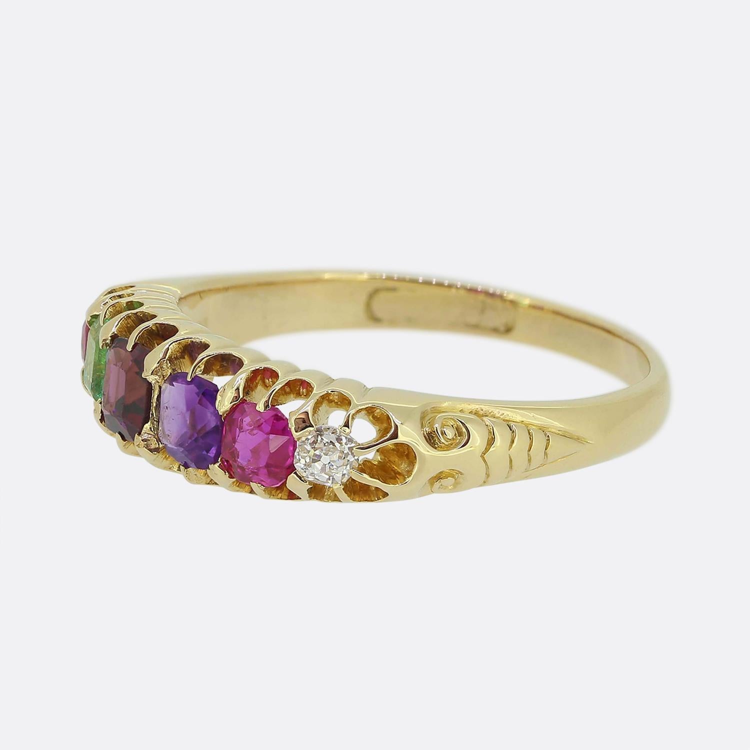 Here we have a delightful 18ct yellow gold 'REGARD' ring taken from the Victorian era; a time when jewels such as this sent secret messages to an admirer. The first letter of each stone used here spells of the word. Ruby, emerald, garnet, amethyst,