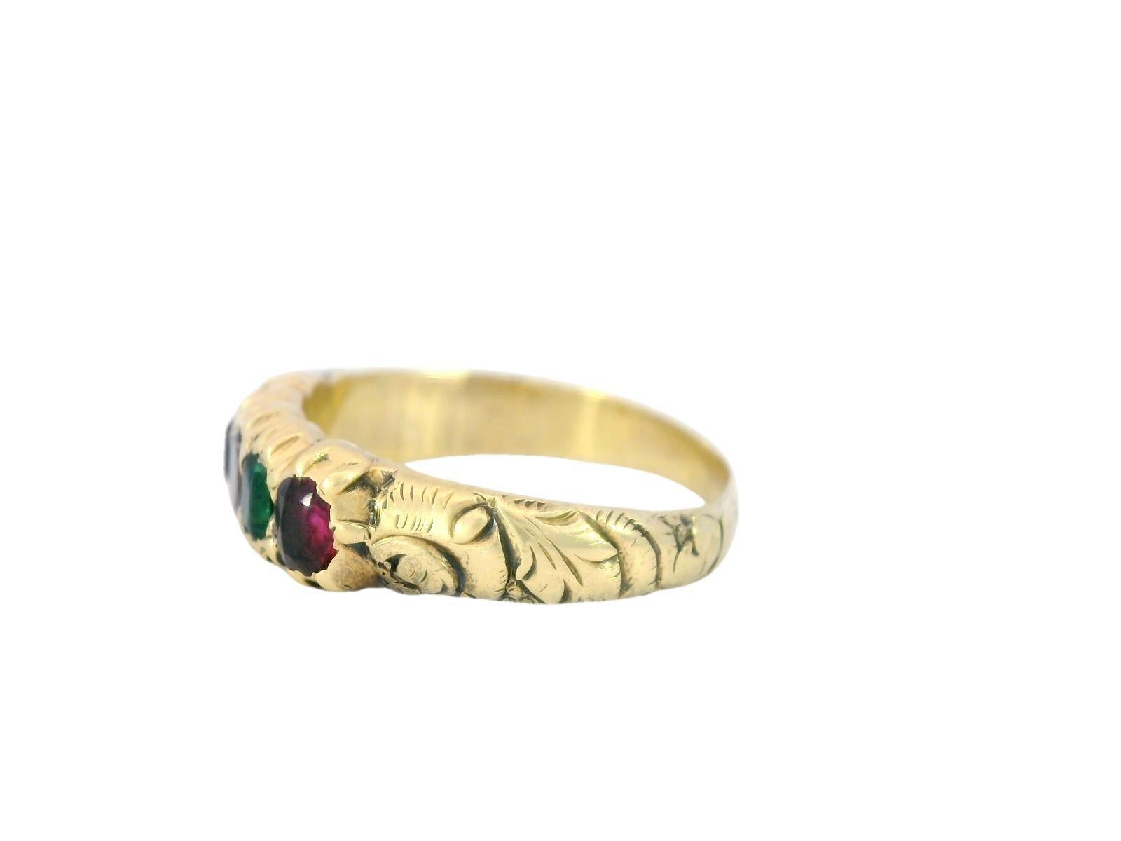 Victorian Regards Acrostic Ring Natural Gemstones in 18 Karat Yellow Gold

This Victorian 18 Karat Gold Natural Stone Floral 'Regards' Ring is not only a beautiful piece of jewelry but also a thoughtful expression of sentiment. Acrostic rings, like