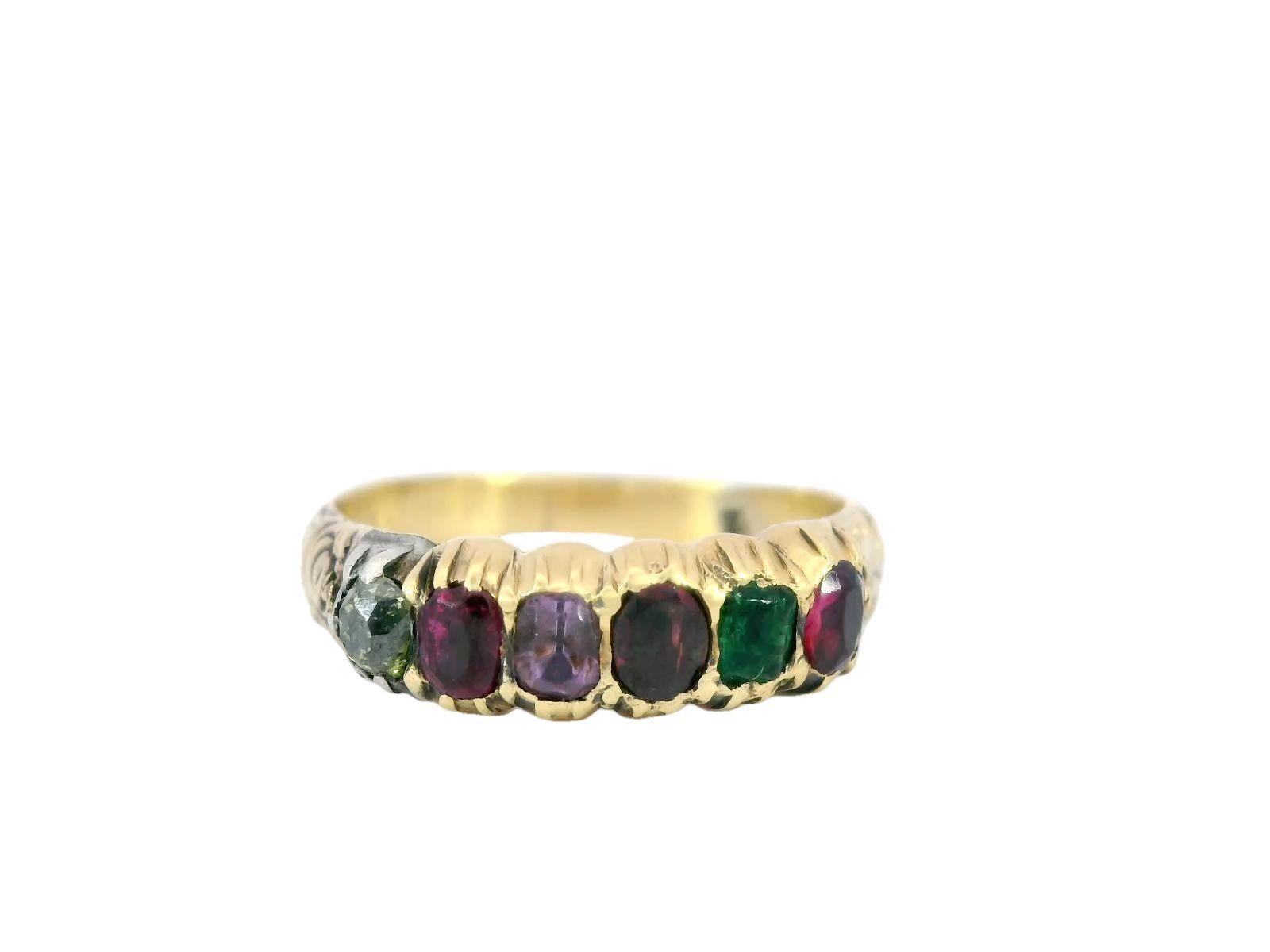 Victorian Regards Acrostic Ring Natural Gemstones in 18 Karat Yellow Gold For Sale 1