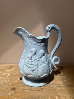 Victorian Relief-Moulded Blue Ceramic Jug with Serpent Handle