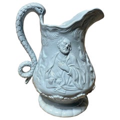 Victorian Relief-Moulded Blue Ceramic Jug with Serpent Handle