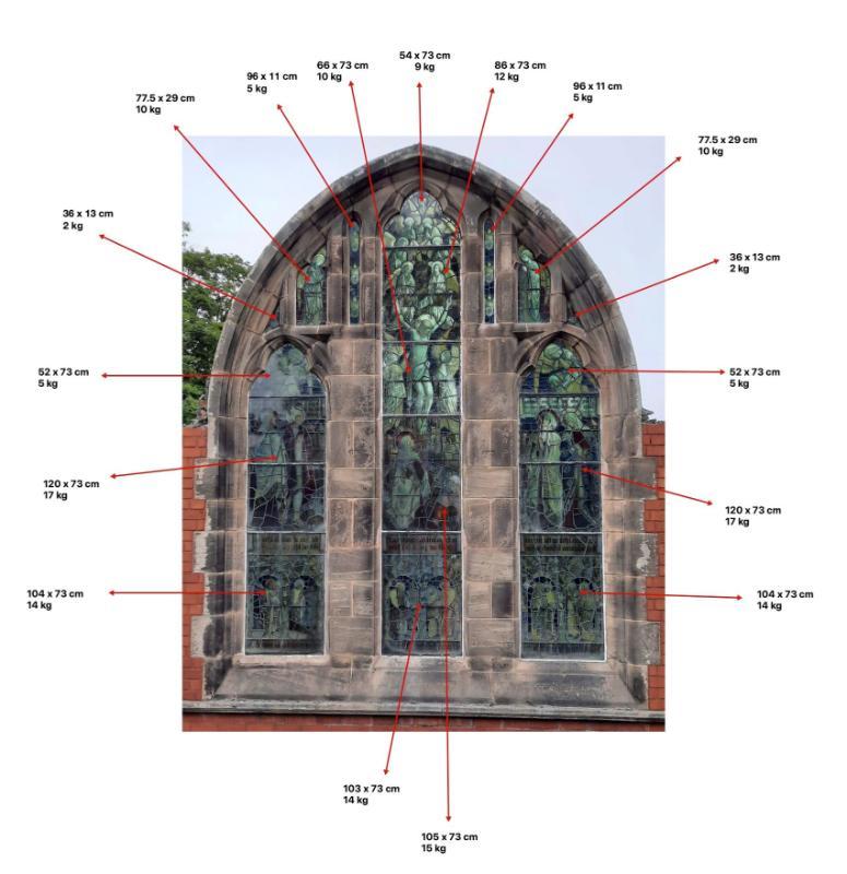 Una grande vetrata religiosa antica con la sua cornice originale in pietra arenaria intagliata.

Recuperato da una chiesa di Upton, Wirral.

Sebbene non sia firmata, la finestra è stata attribuita a Shrigley & Hunt.

Shrigley & Hunt: Fondata in