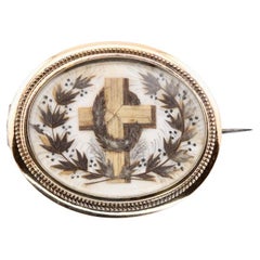 Antique Victorian Religious Mourning Hair Work Cross & Wreath Motif Brooch in 14K Yellow