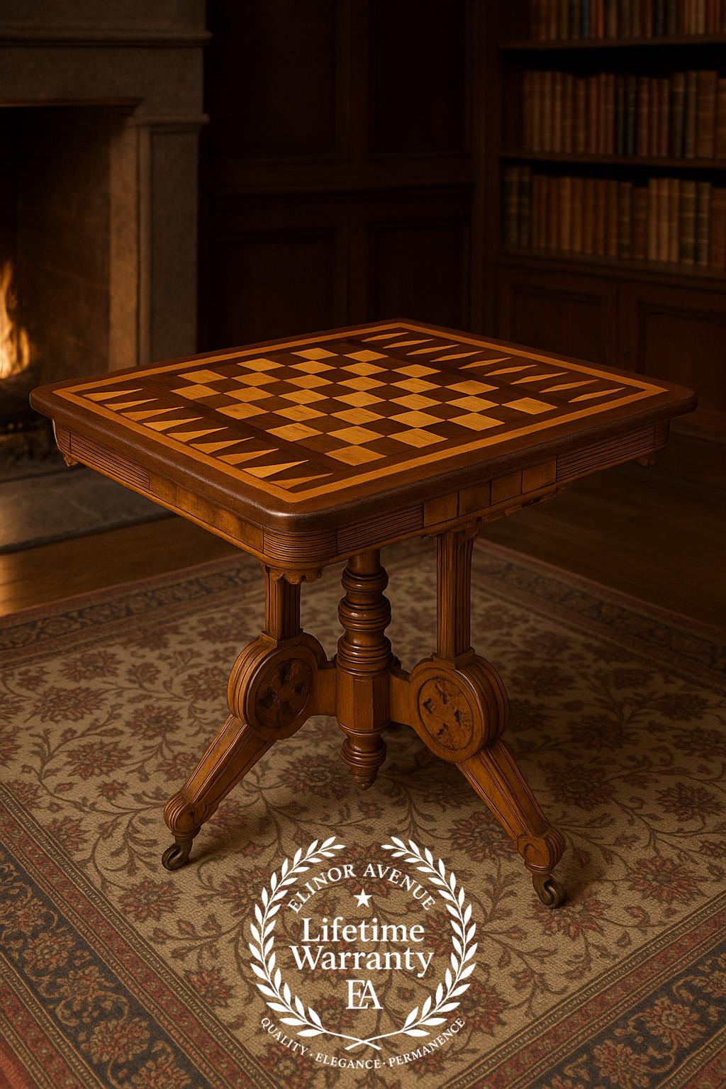 Table de jeu à plateau rabattable de style néo-renaissance victorienne avec échecs et backgammon incrustés, plateau en verre ajusté, c. 1870-1890
Description
Exemple exceptionnel de l'artisanat de la fin du XIXe siècle, cette table de jeu à plateau