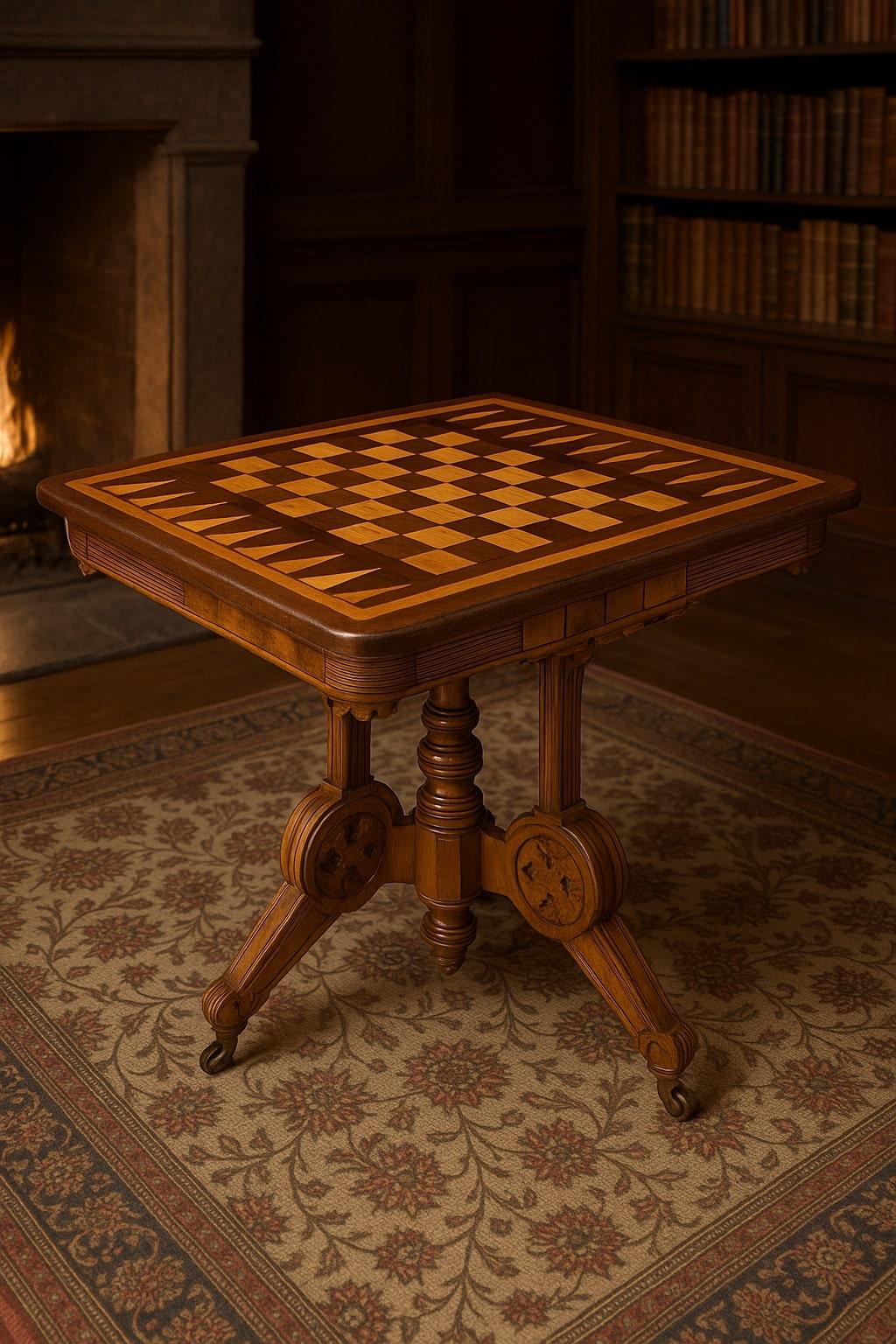 Mesa de juego abatible de estilo renacentista victoriano con incrustaciones de ajedrez y backgammon, tapa de cristal, c. 1870-1890
Descripción
Ejemplo excepcional de la artesanía de finales del siglo XIX, esta mesa de juegos abatible de estilo