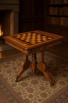 Victorian Renaissance Revival Flip-Top Game Table with Inlaid Chess & Backgammon