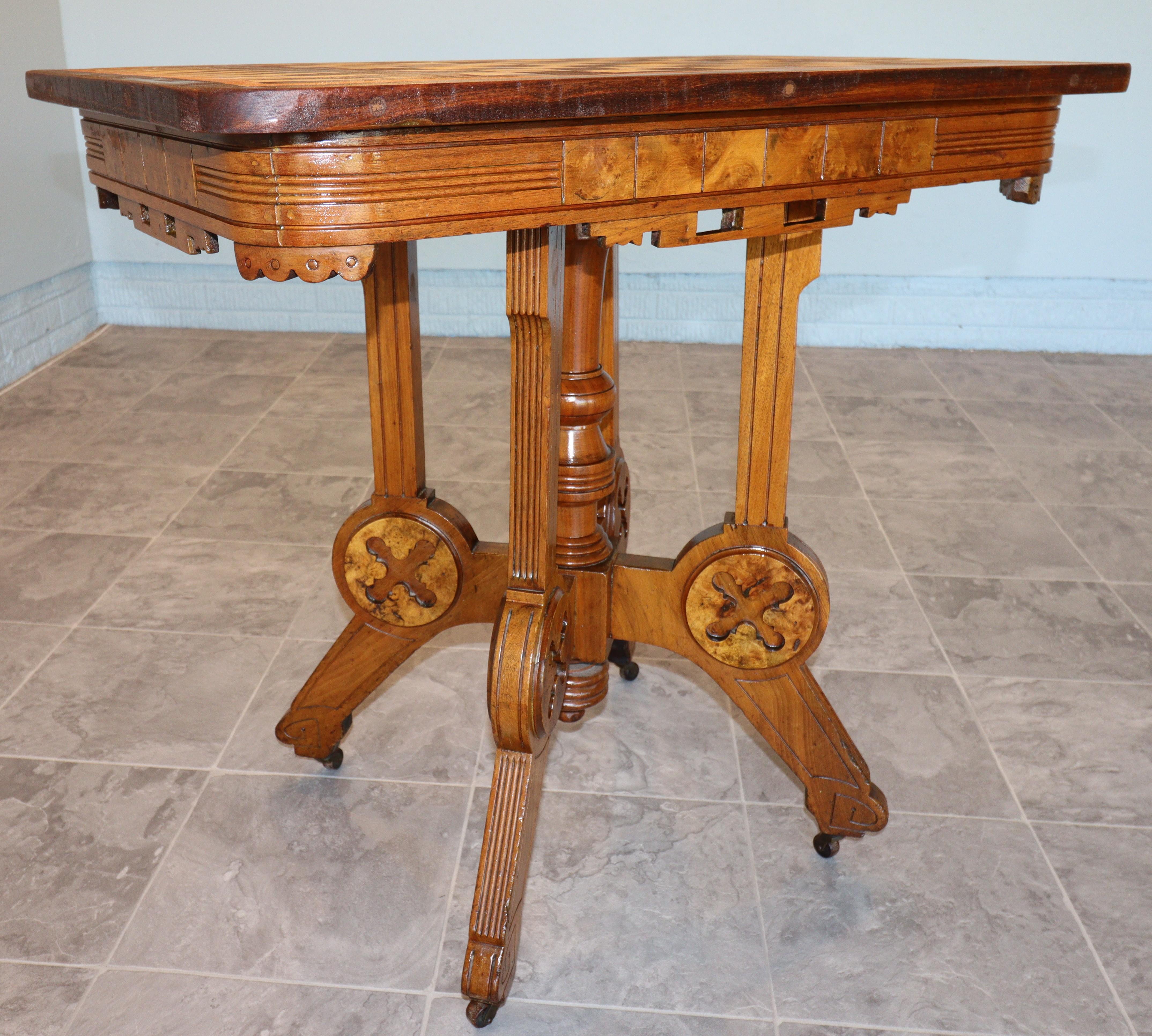 Hand-Crafted Victorian Renaissance Revival Flip-Top Game Table with Inlaid Chess & Backgammon For Sale