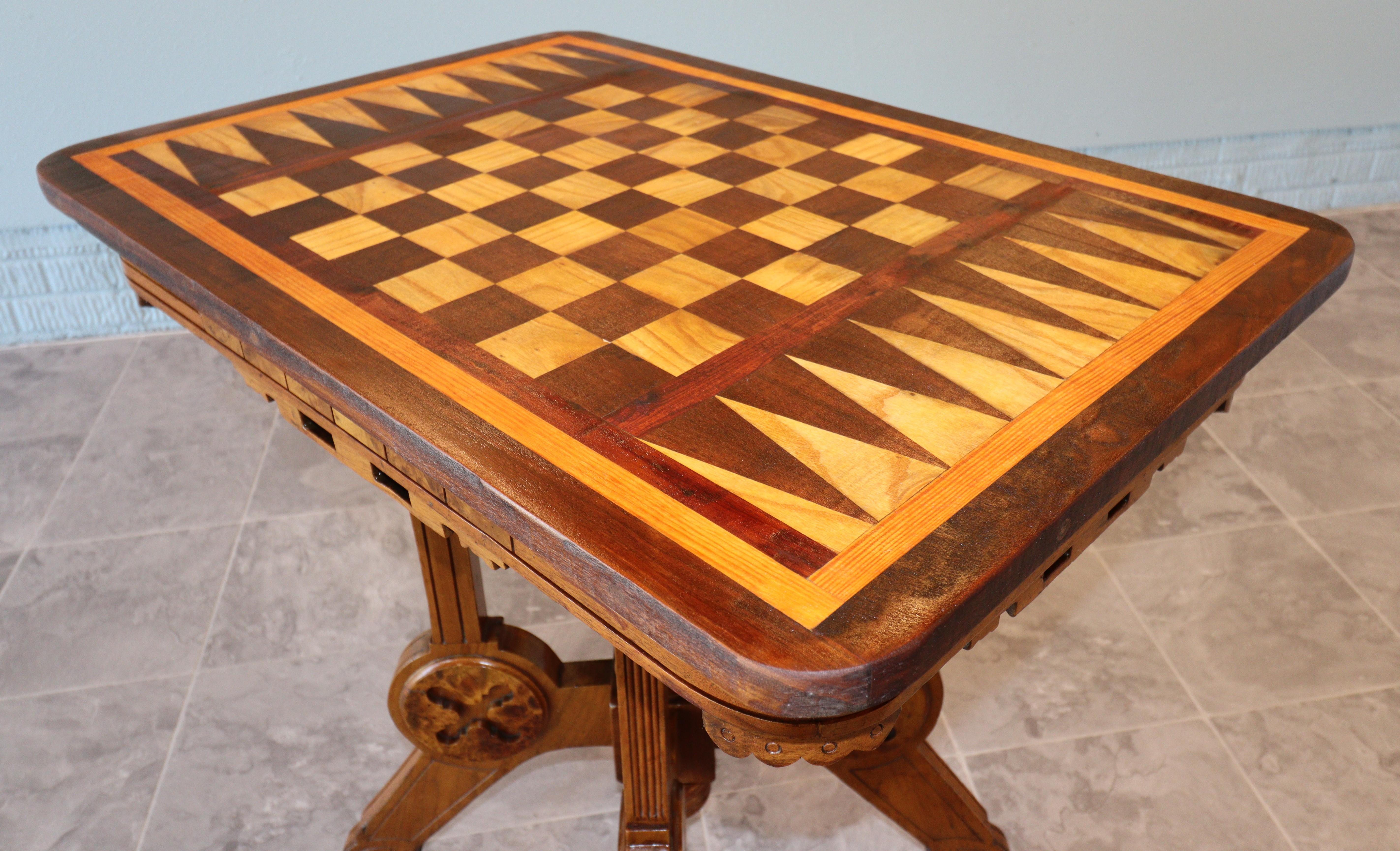 19th Century Victorian Renaissance Revival Flip-Top Game Table with Inlaid Chess & Backgammon For Sale