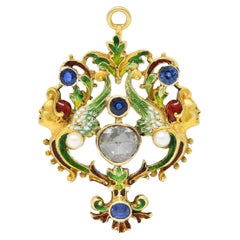 Victorian Renaissance Revival Multi-Gem Enamel 14K Harpy Antique Pendant