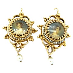 Vintage Victorian Reproduction Miniature Design Pearl Earrings in 14K Gold