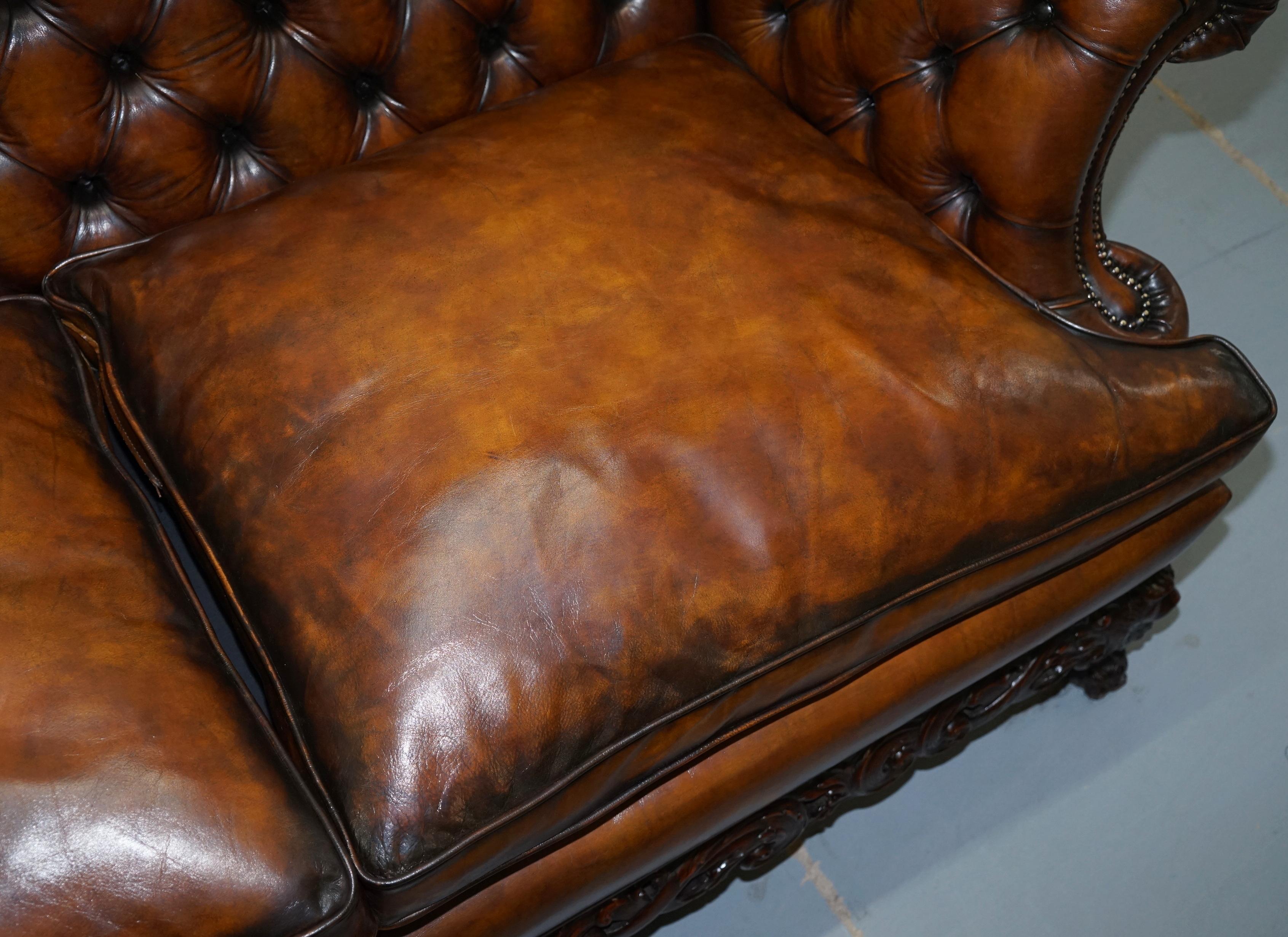 Victorian Restored Chesterfield Hand Dyed Brown Leather Sofa Lion Hairy Paw Feet 1