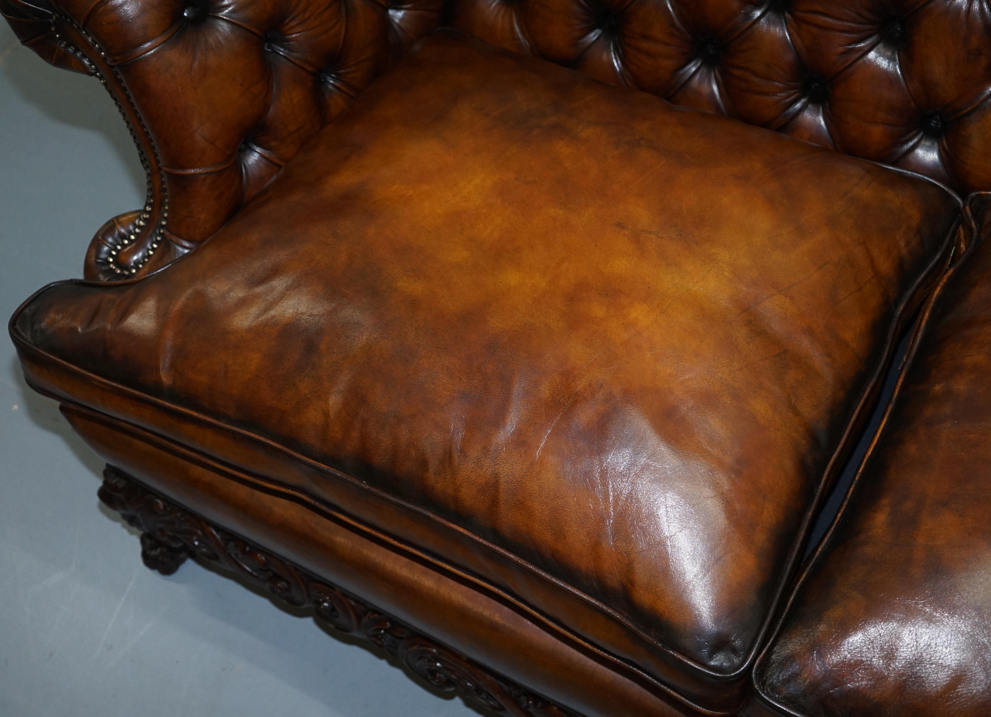 Victorian Restored Chesterfield Hand Dyed Brown Leather Sofa Lion Hairy Paw Feet 3