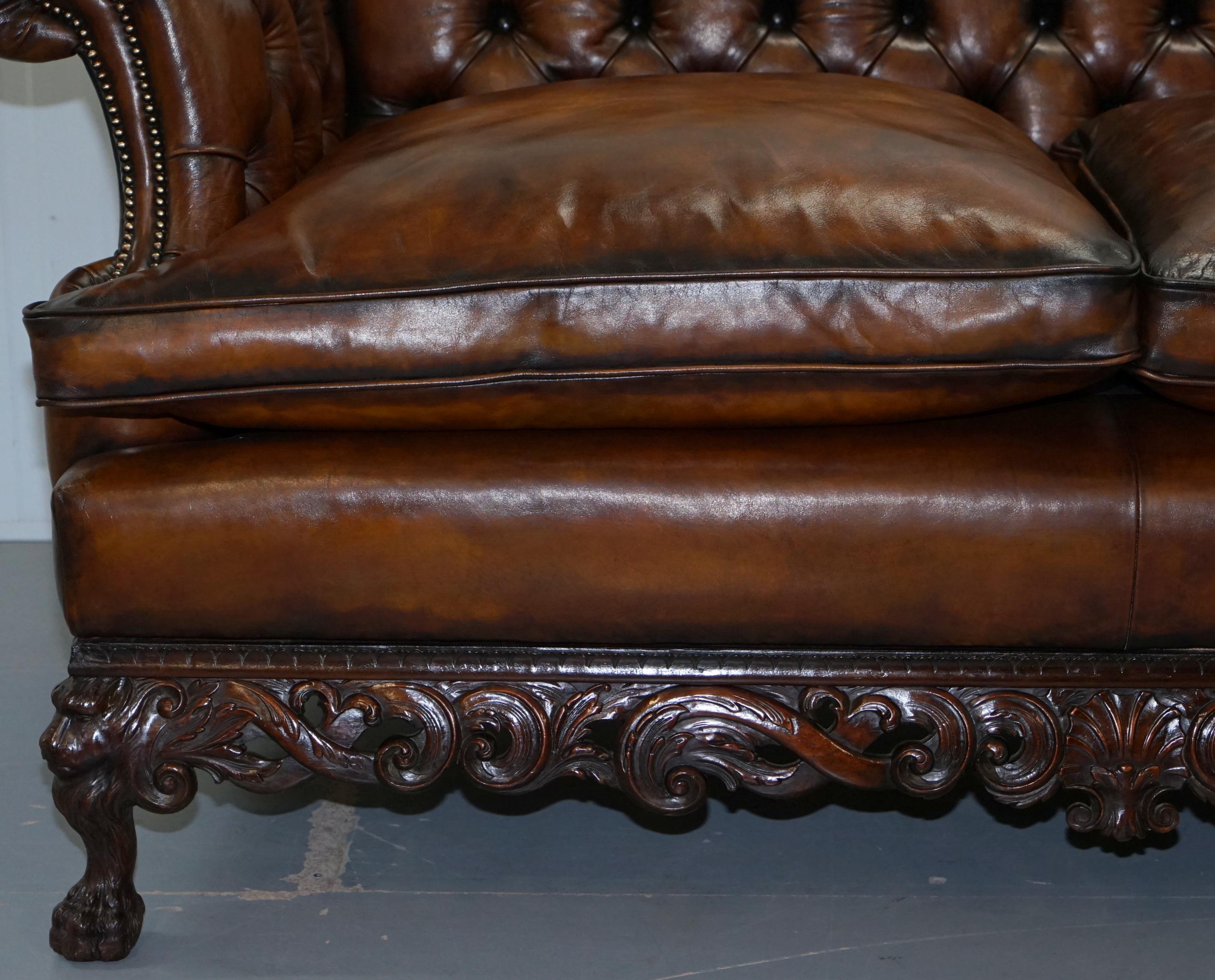 Victorian Restored Chesterfield Hand Dyed Brown Leather Sofa Lion Hairy Paw Feet 4
