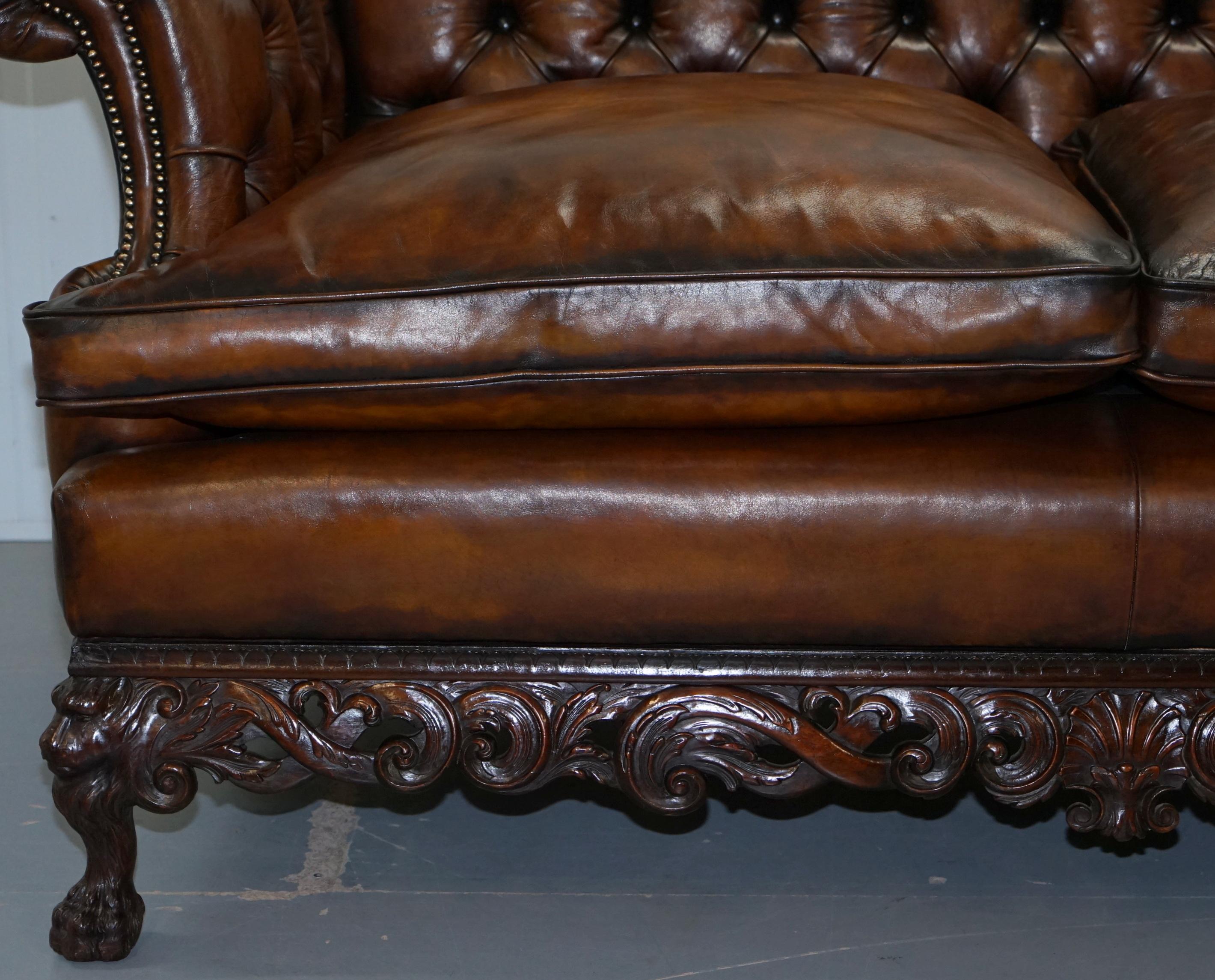 Victorian Restored Chesterfield Hand Dyed Brown Leather Sofa Lion Hairy Paw Feet 3