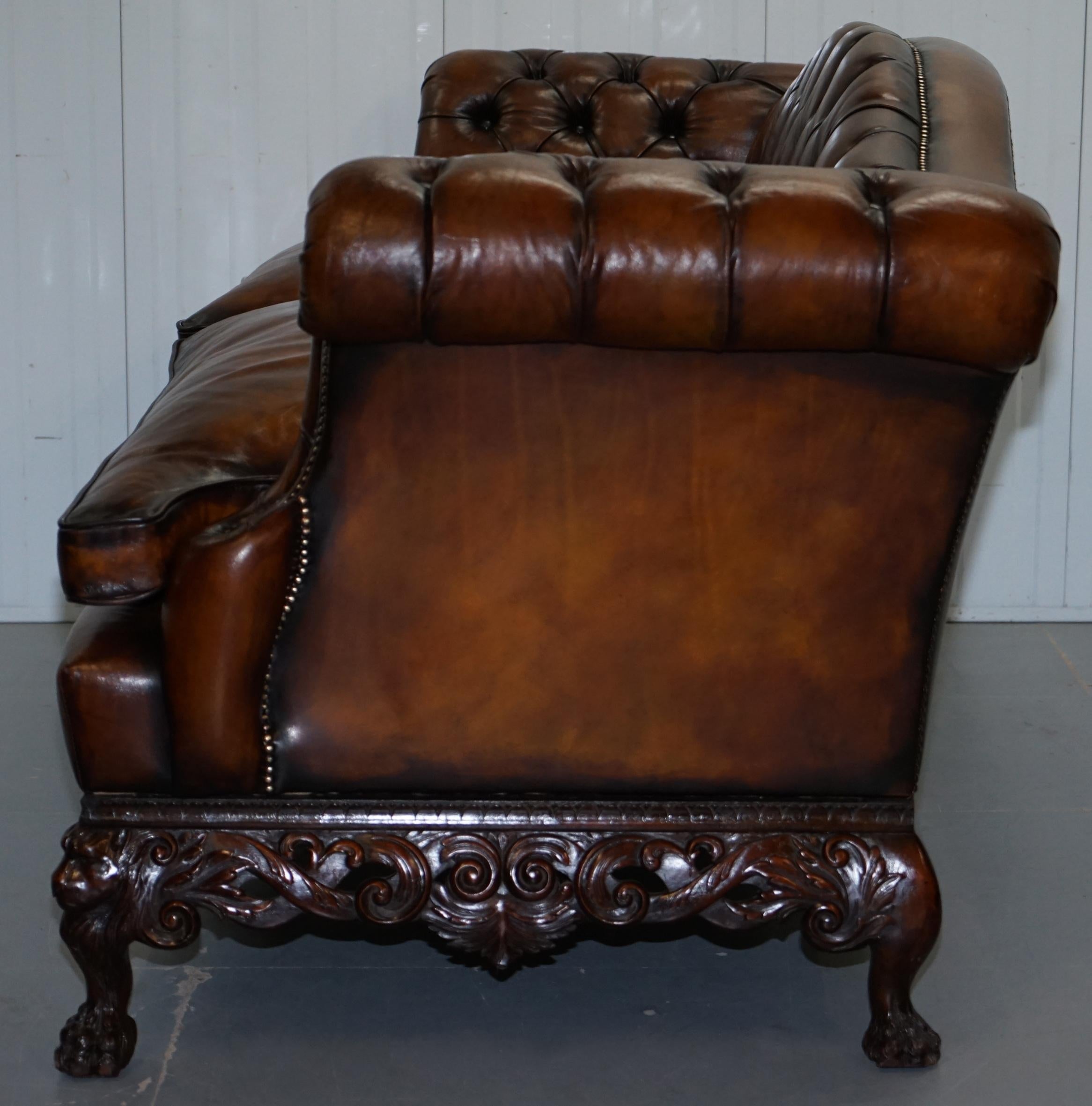 Victorian Restored Chesterfield Hand Dyed Brown Leather Sofa Lion Hairy Paw Feet 8