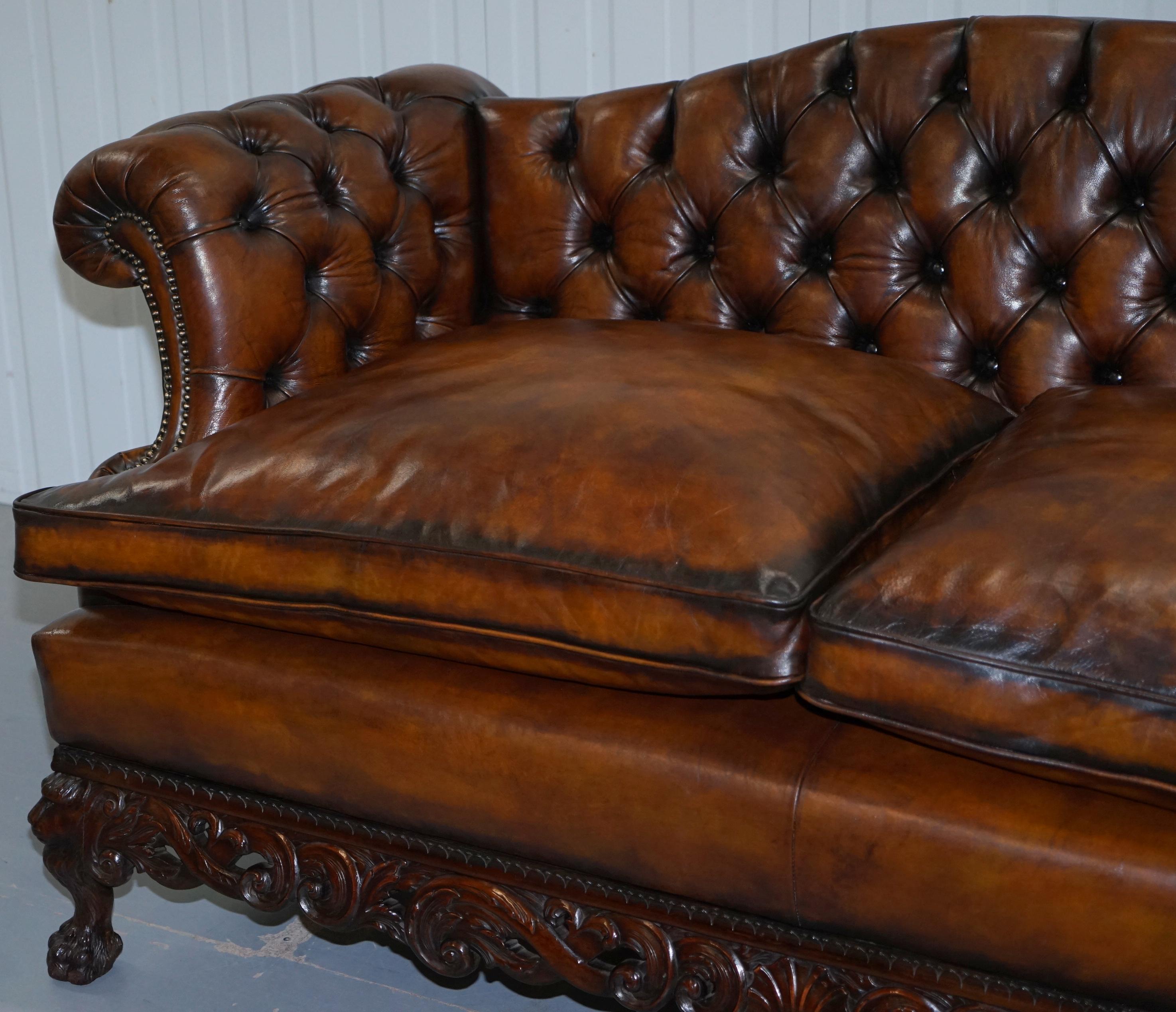 Victorian Restored Chesterfield Hand Dyed Brown Leather Sofa Lion Hairy Paw Feet 1
