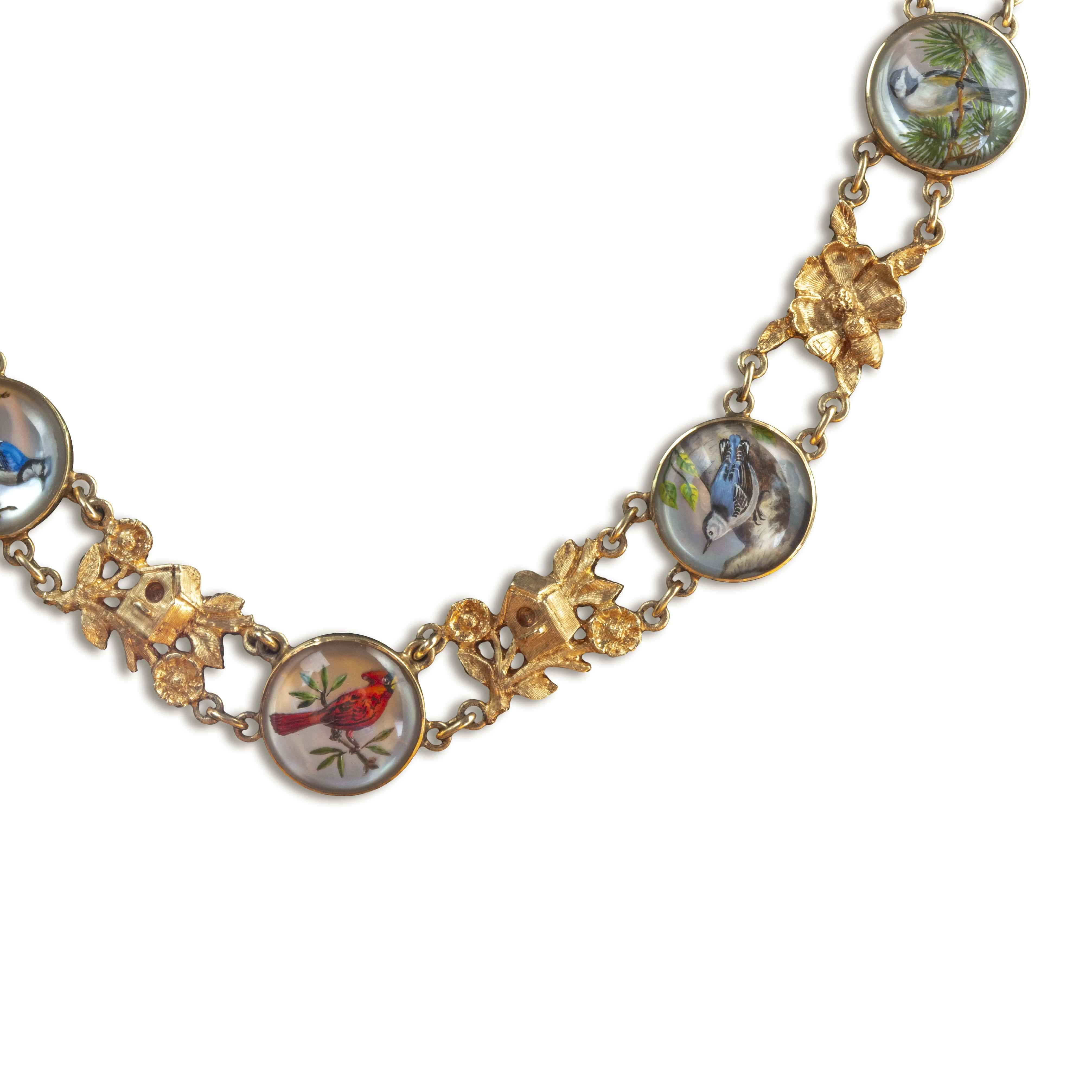 Victorian Reverse Essex Crystal intaglio Bird floral motif necklace.

