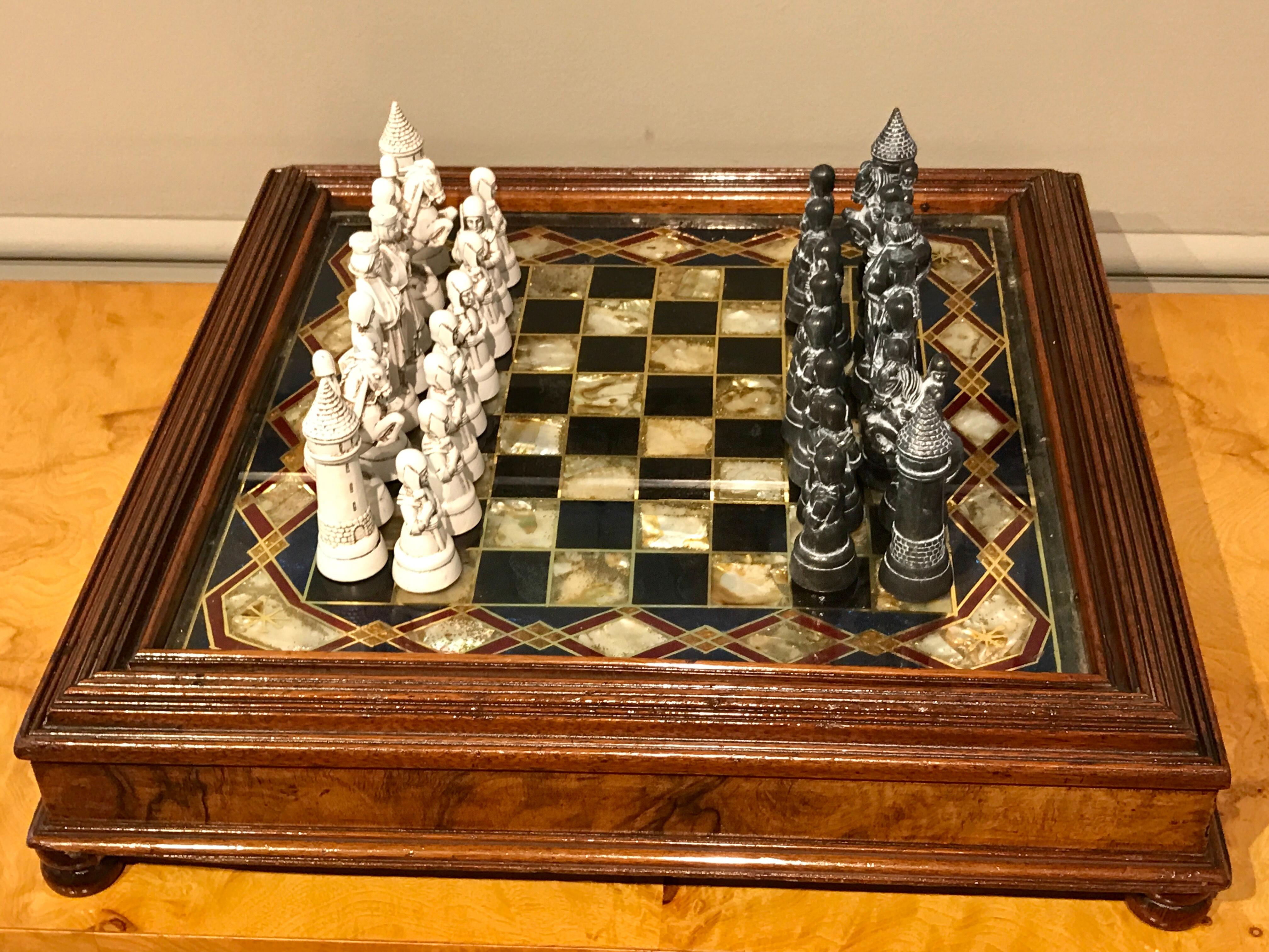 High Victorian Victorian Reverse Painted Chess Board with Associated Chess Set