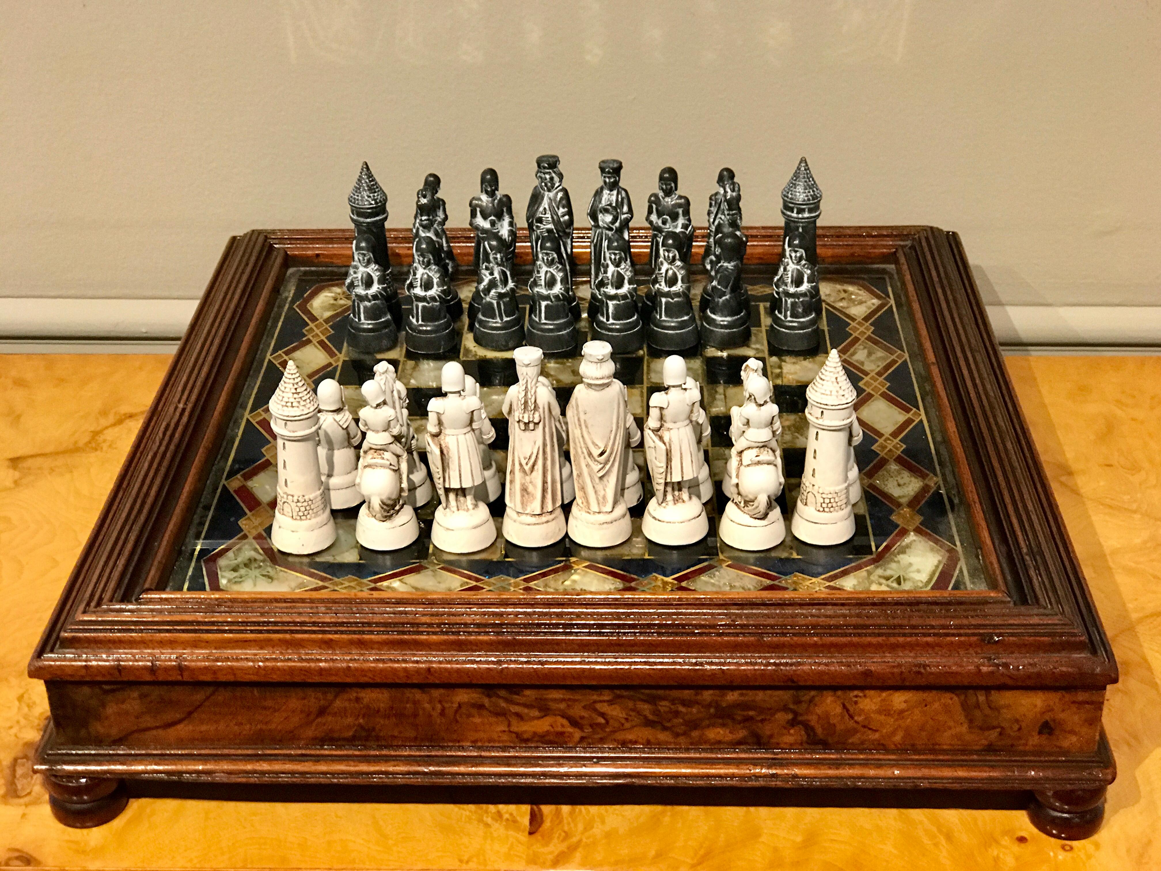 English Victorian Reverse Painted Chess Board with Associated Chess Set