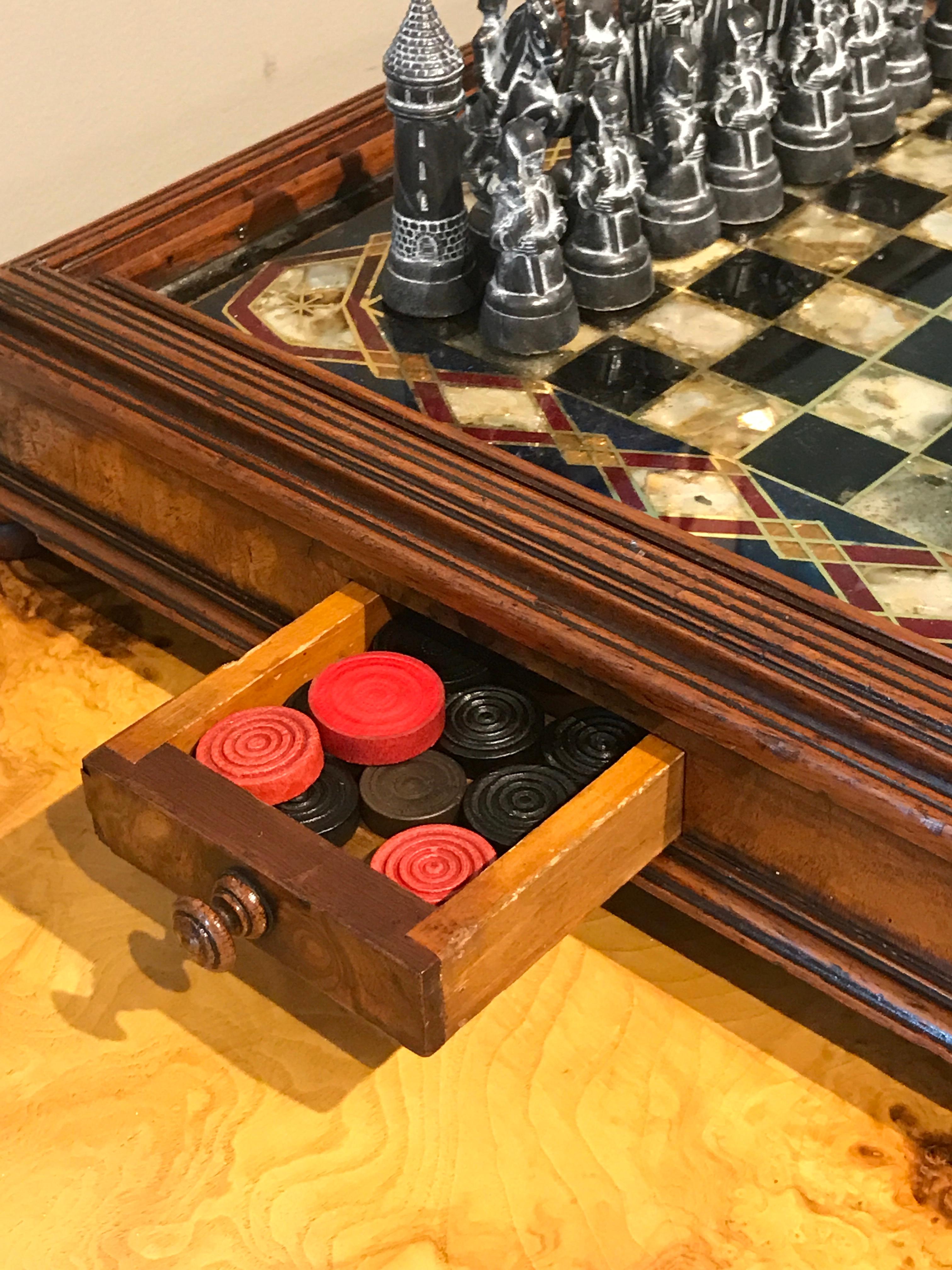 Victorian Reverse Painted Chess Board with Associated Chess Set In Excellent Condition In Atlanta, GA