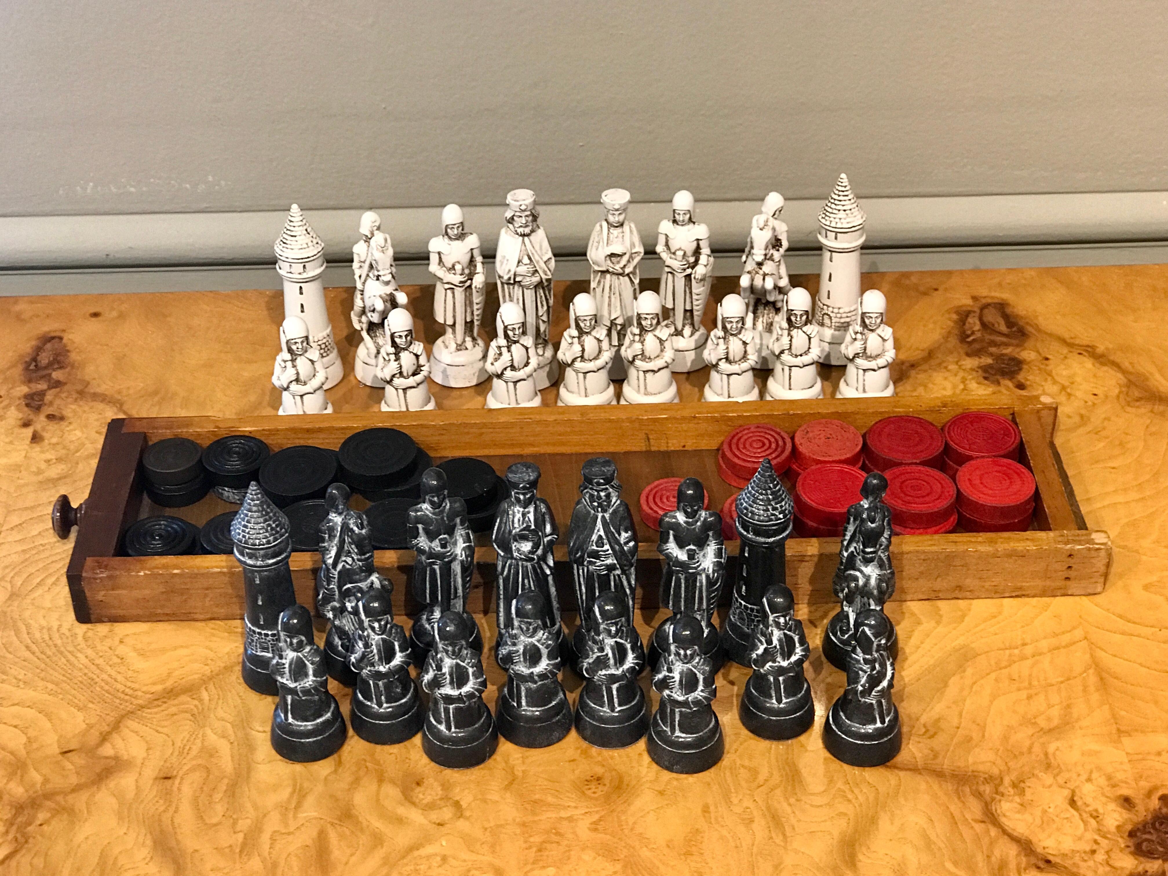 19th Century Victorian Reverse Painted Chess Board with Associated Chess Set