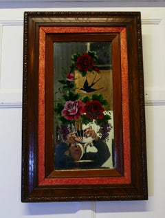 Victorian Reverse Painted, Etched Mirror, Decorated with Roses