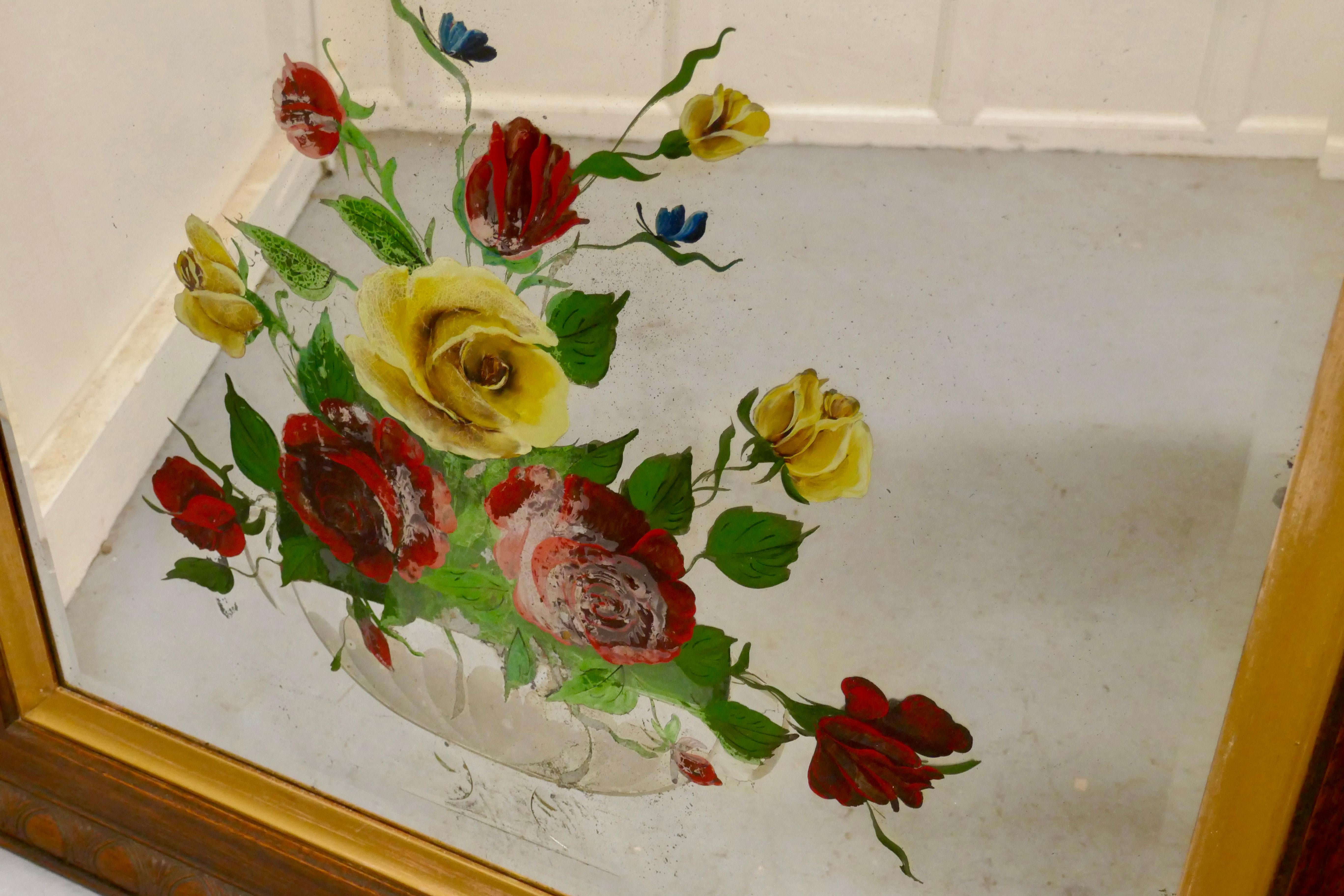 Victorian Reverse Painted Mirror, Decorated with Roses In Fair Condition For Sale In Chillerton, Isle of Wight