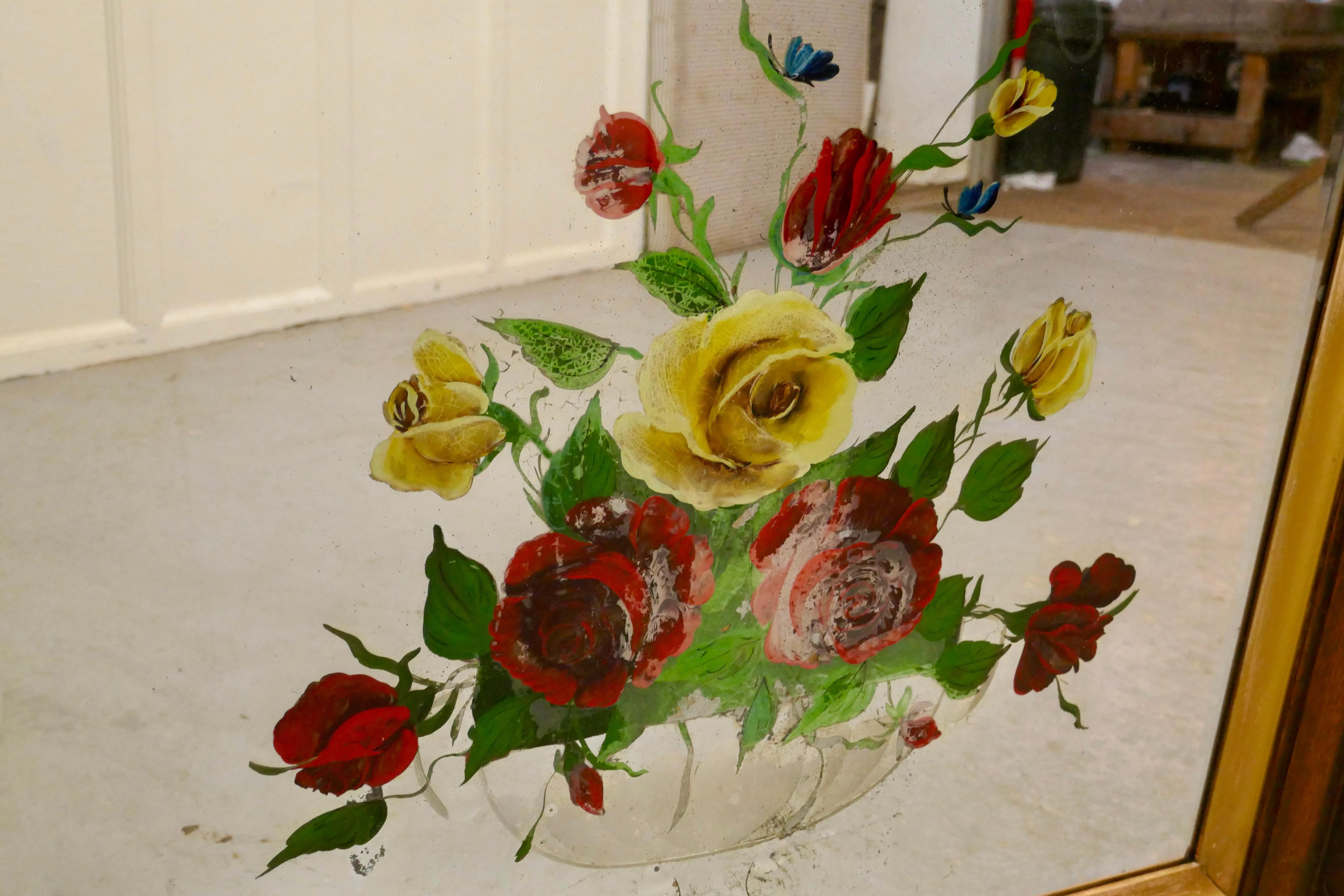 19th Century Victorian Reverse Painted Mirror, Decorated with Roses For Sale