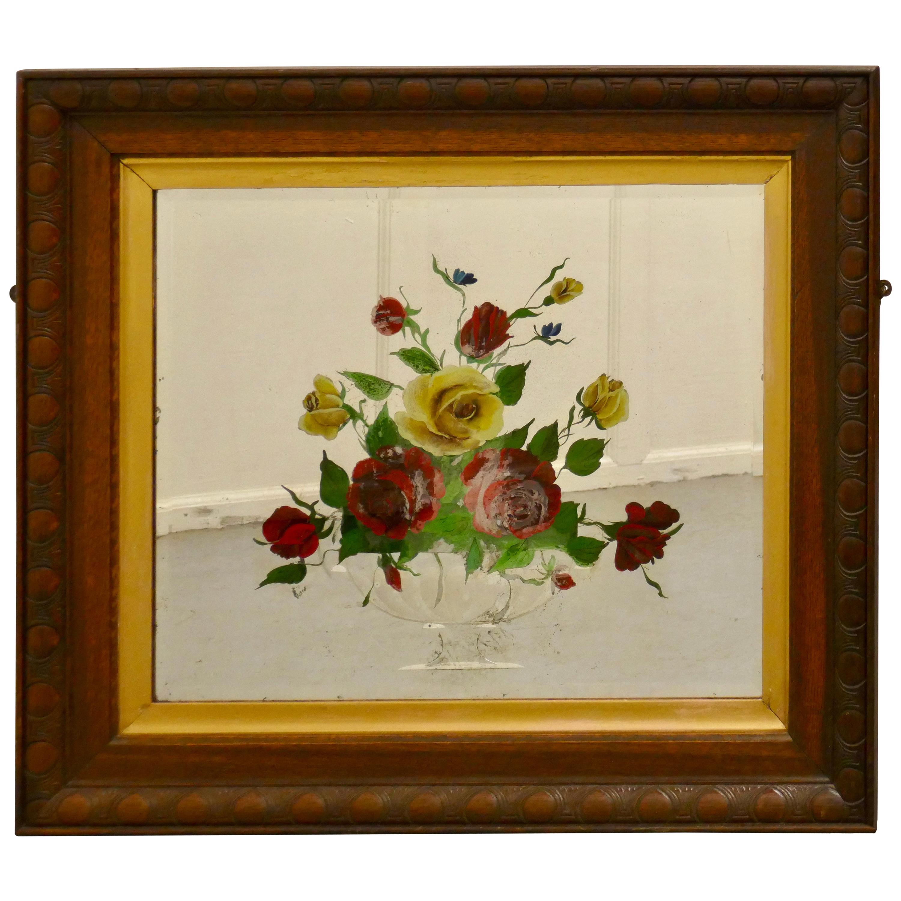 Miroir victorien peint à l'envers, décoré de roses en vente