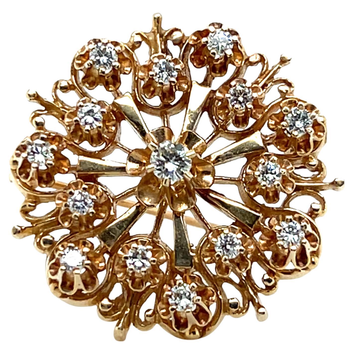 Broche/pendentif en or jaune 14K avec étoile, néo-Victorien 0.73tcw Diamond 1960s