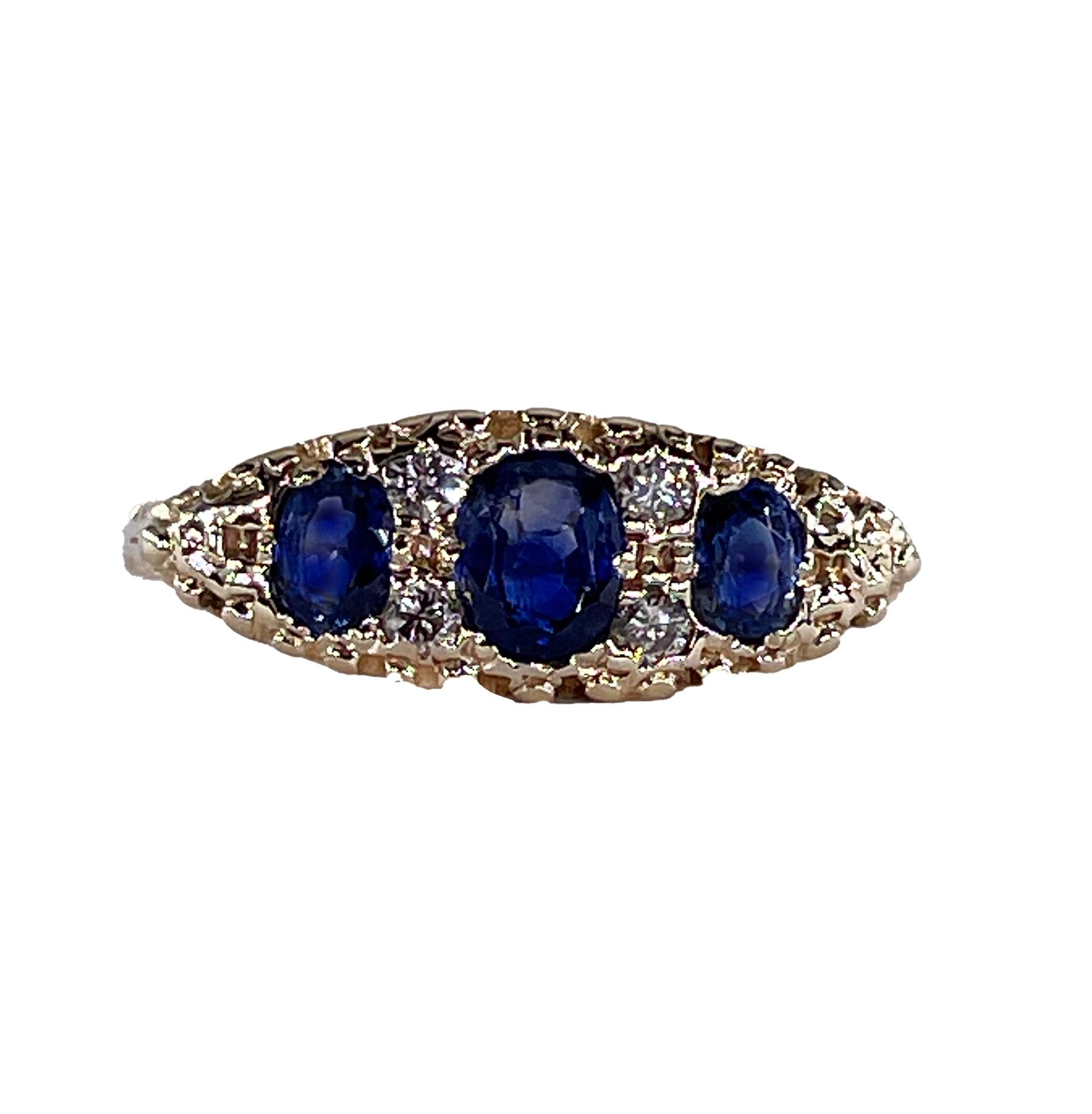 Victorian Revival 1.09ct Vintage GIA  Sapphire & Diamond Trilogy 16k Gold Ring For Sale 13