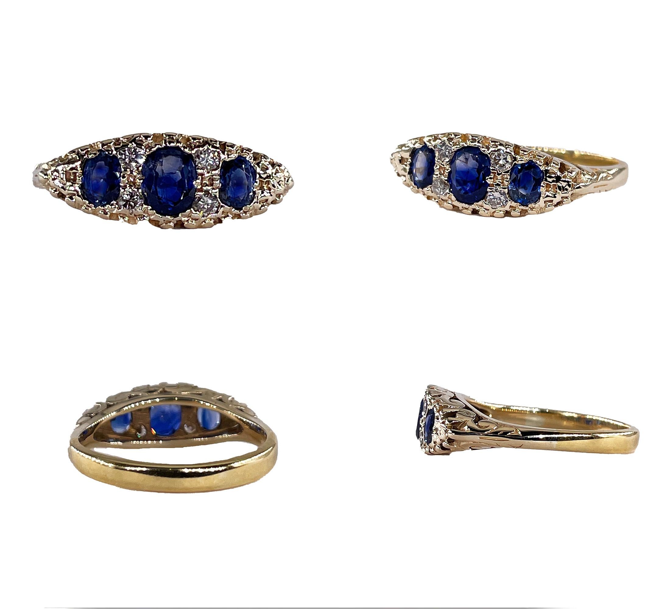 Victorian Revival 1.09ct Vintage GIA  Sapphire & Diamond Trilogy 16k Gold Ring For Sale 14