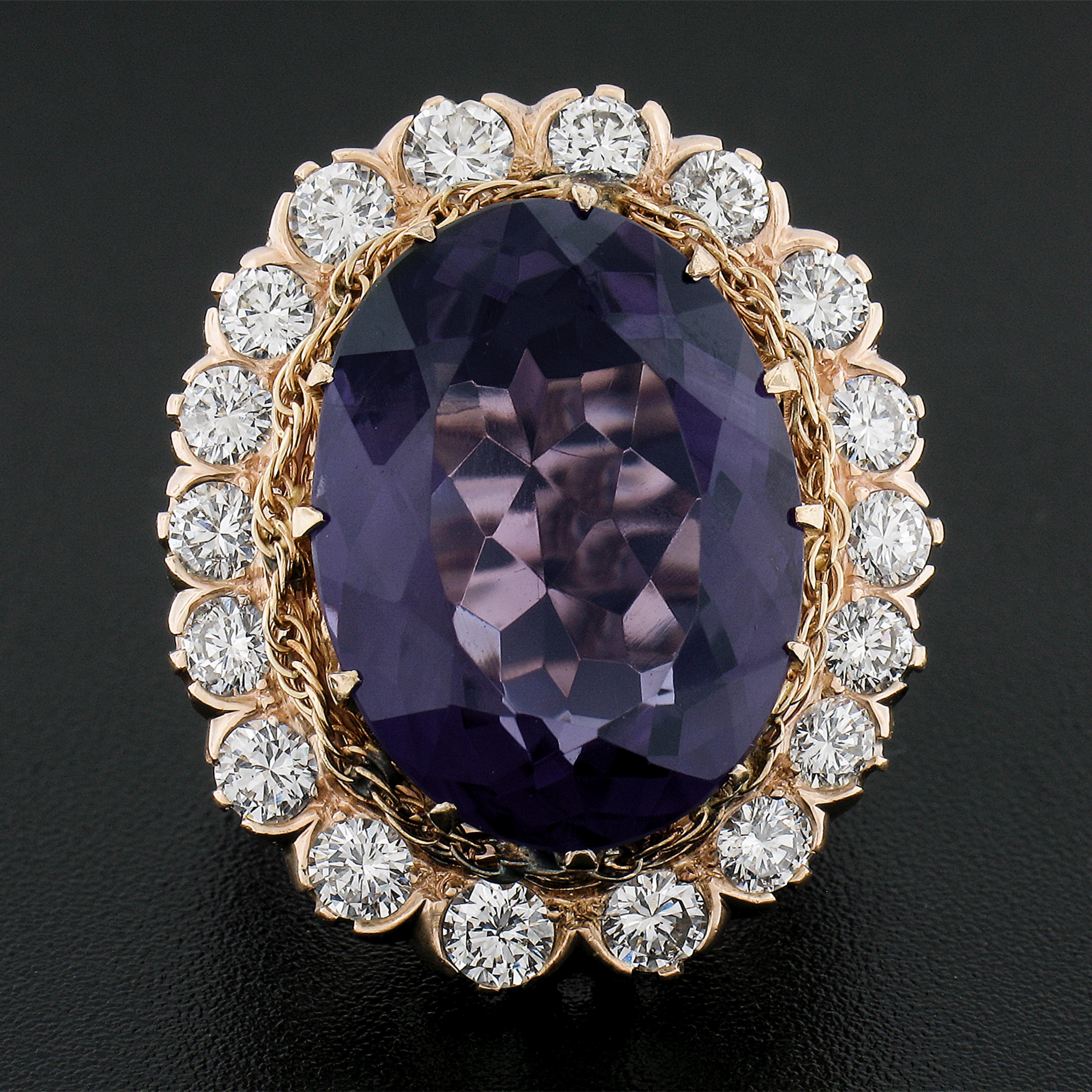 Oval Cut Victorian Revival 14K Gold 19.50ctw Oval Amethyst w/ Diamond Halo Cocktail Ring For Sale