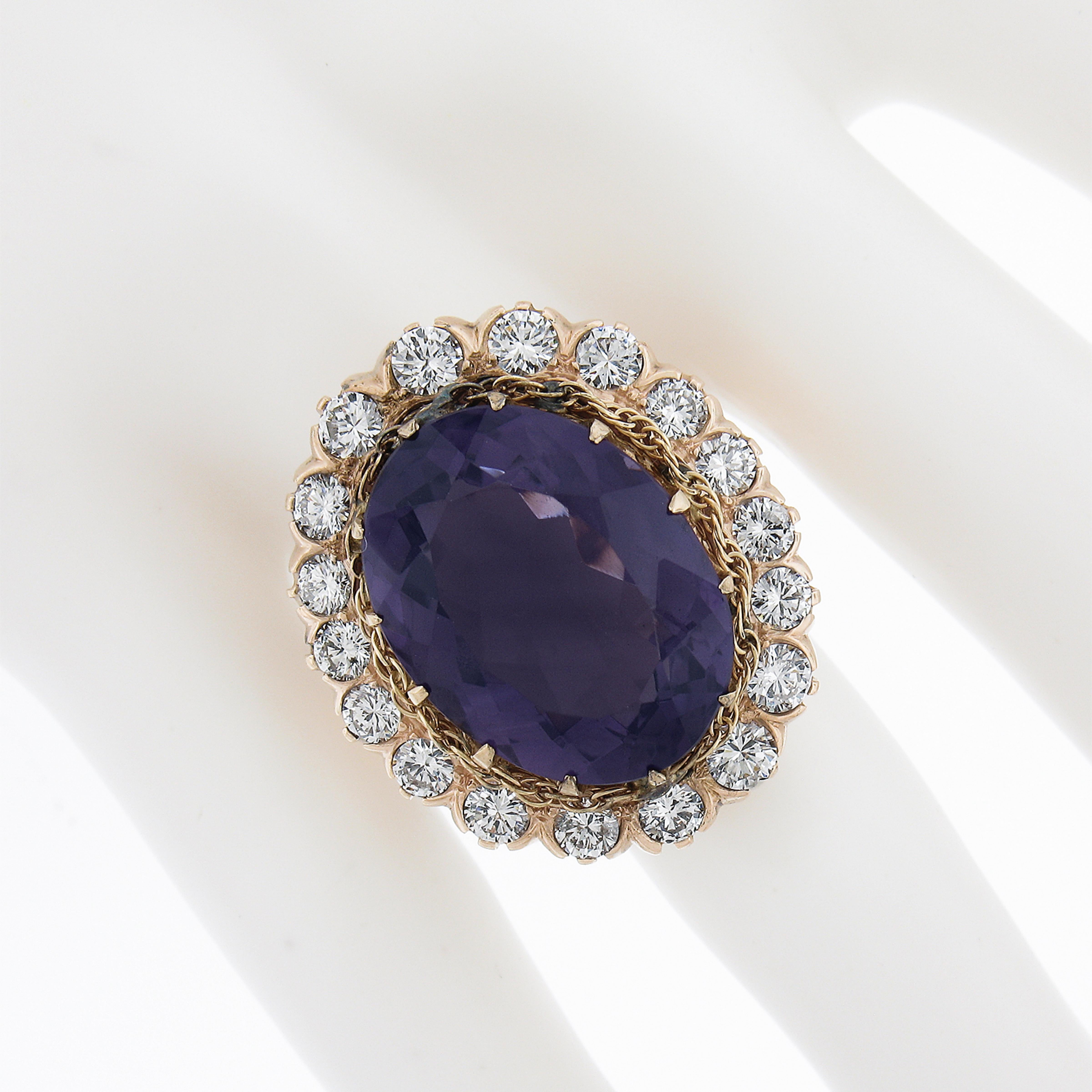 Victorian Revival 14K Gold 19.50ctw Oval Amethyst w/ Diamond Halo Cocktail Ring In Good Condition For Sale In Montclair, NJ