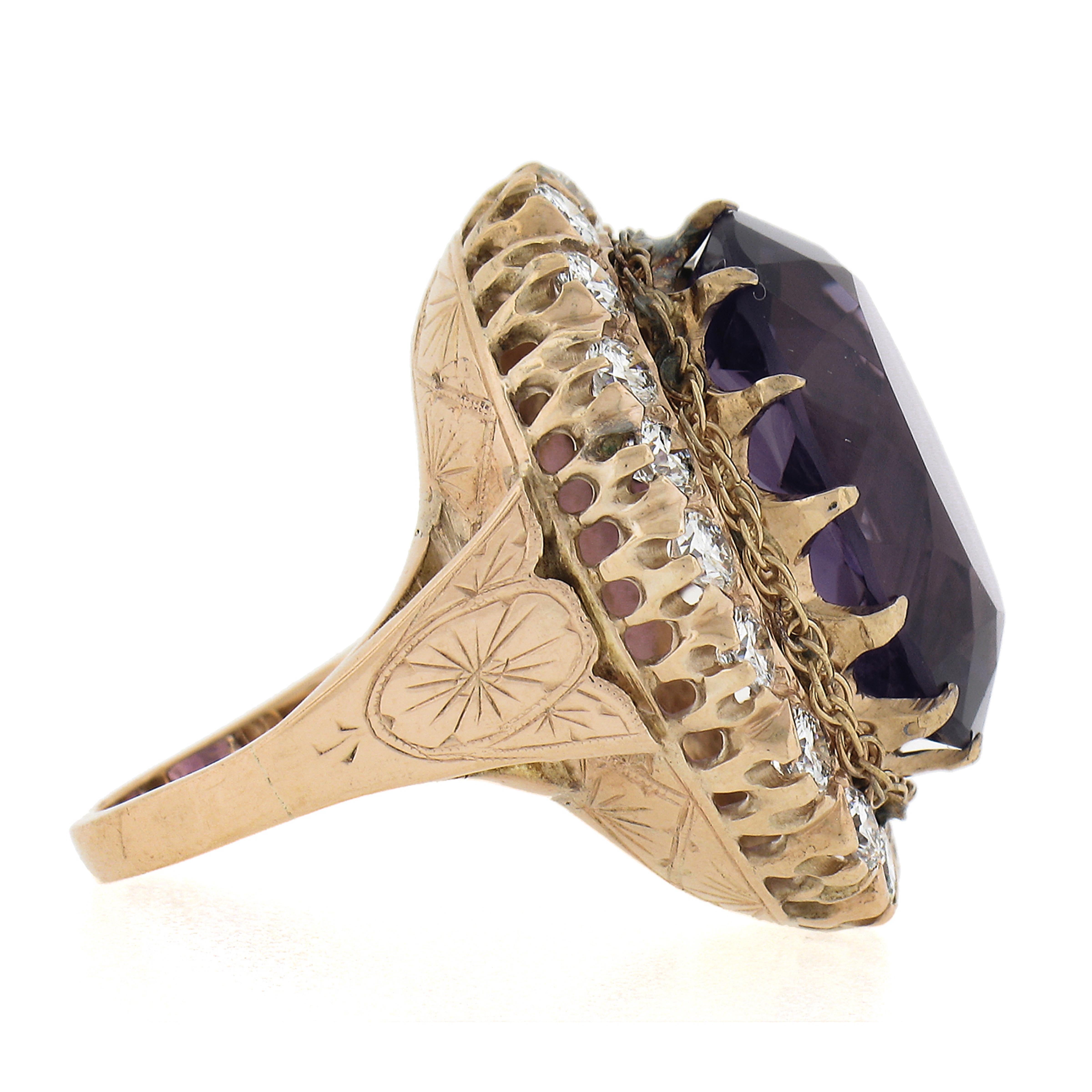 Women's Victorian Revival 14K Gold 19.50ctw Oval Amethyst w/ Diamond Halo Cocktail Ring For Sale